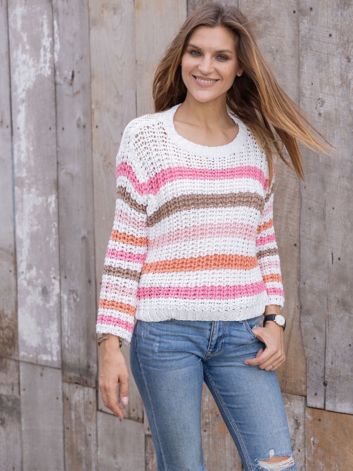 Ariel Stripe Crop Chunky Cotton Sweater in White Stripe