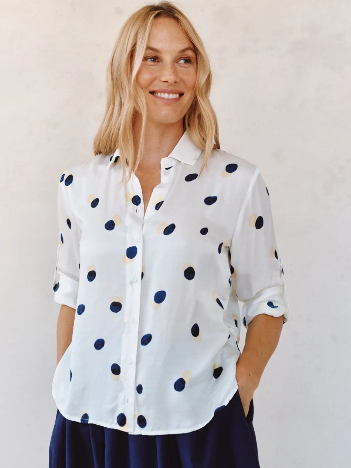 Bella Dahl Clean Split Back Button Down in Spring Dots