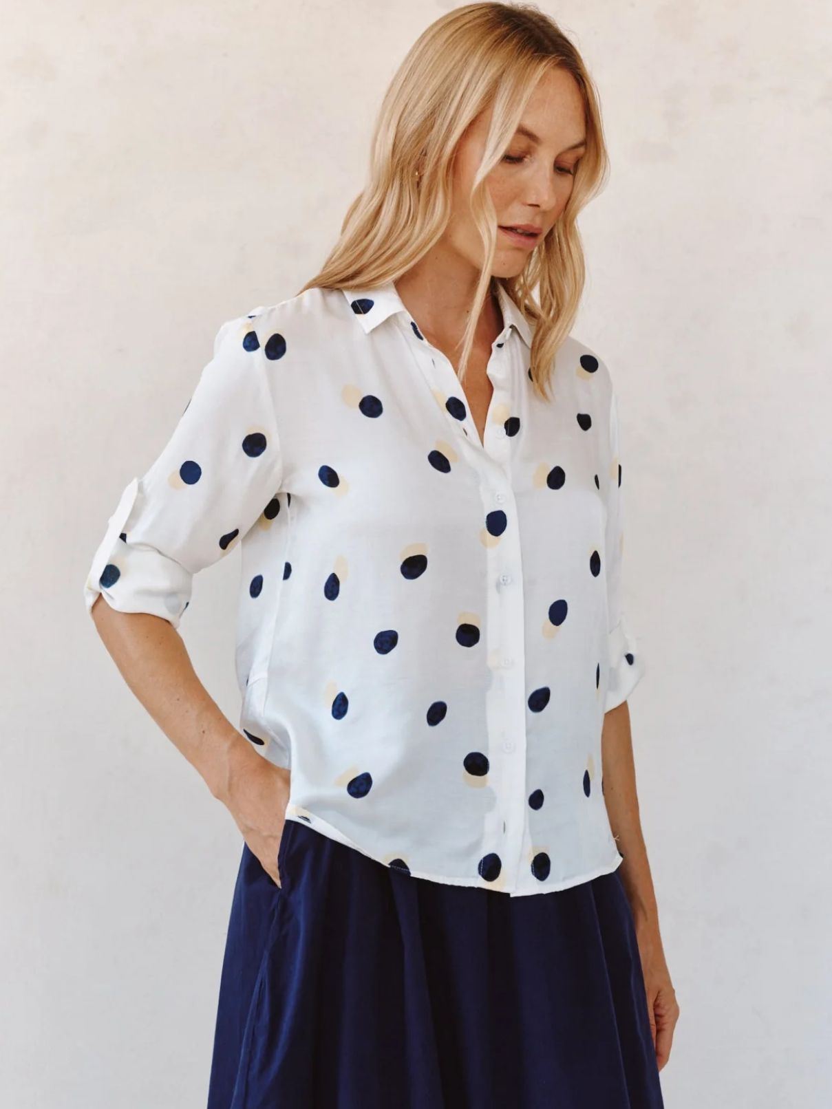 Bella Dahl Clean Split Back Button Down in Spring Dots