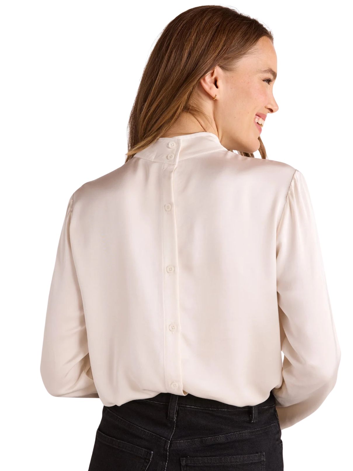 Bella Dahl Mock Neck Button Back Blouse in Winter White