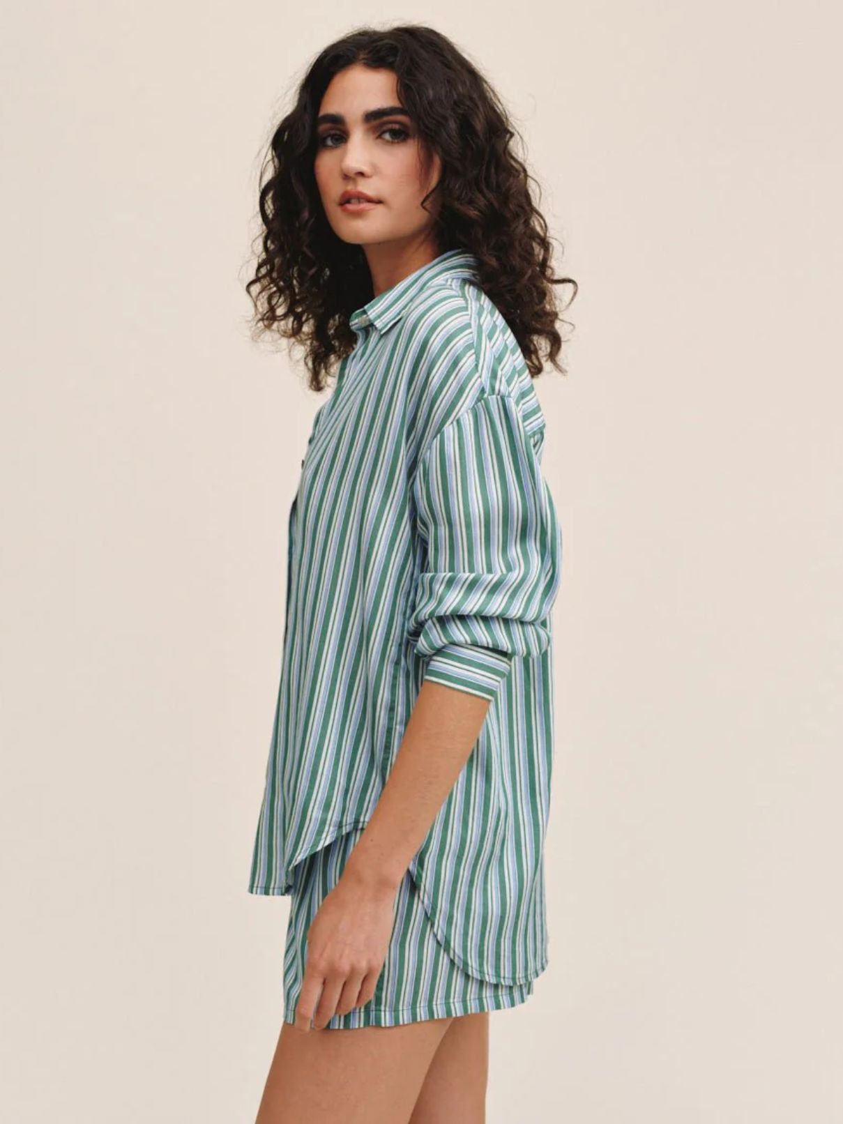 Bella Dahl Oversize Button Down in Emerald Surf Stripe