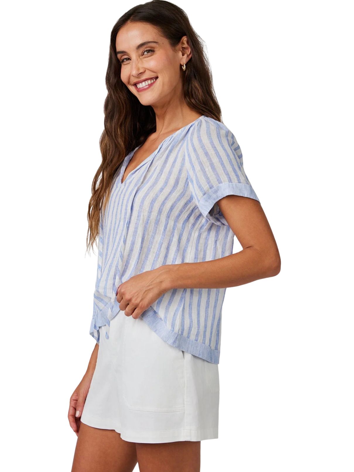 Bella Dahl S/S Flowy Raglan Top in Blue Sky Stripe
