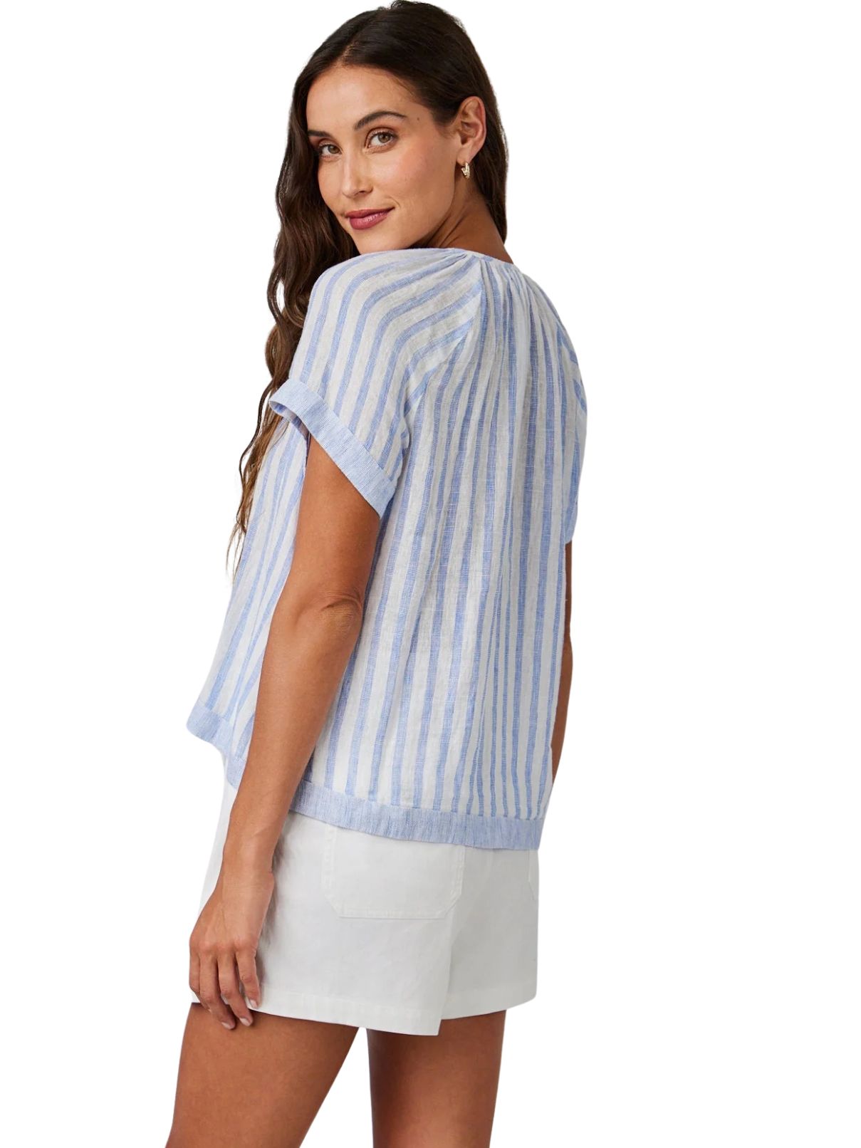 Bella Dahl S/S Flowy Raglan Top in Blue Sky Stripe