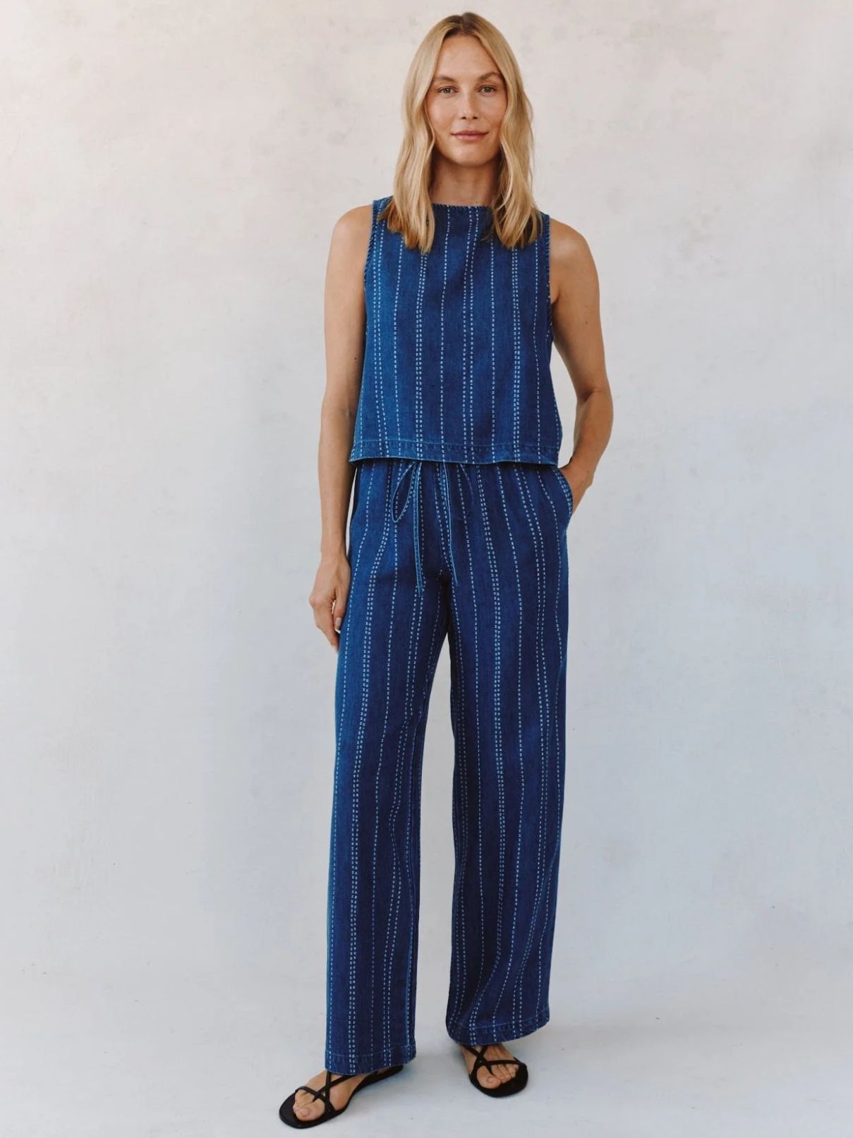 Bella Dahl Sleveless Button Back in Indigo Stripe