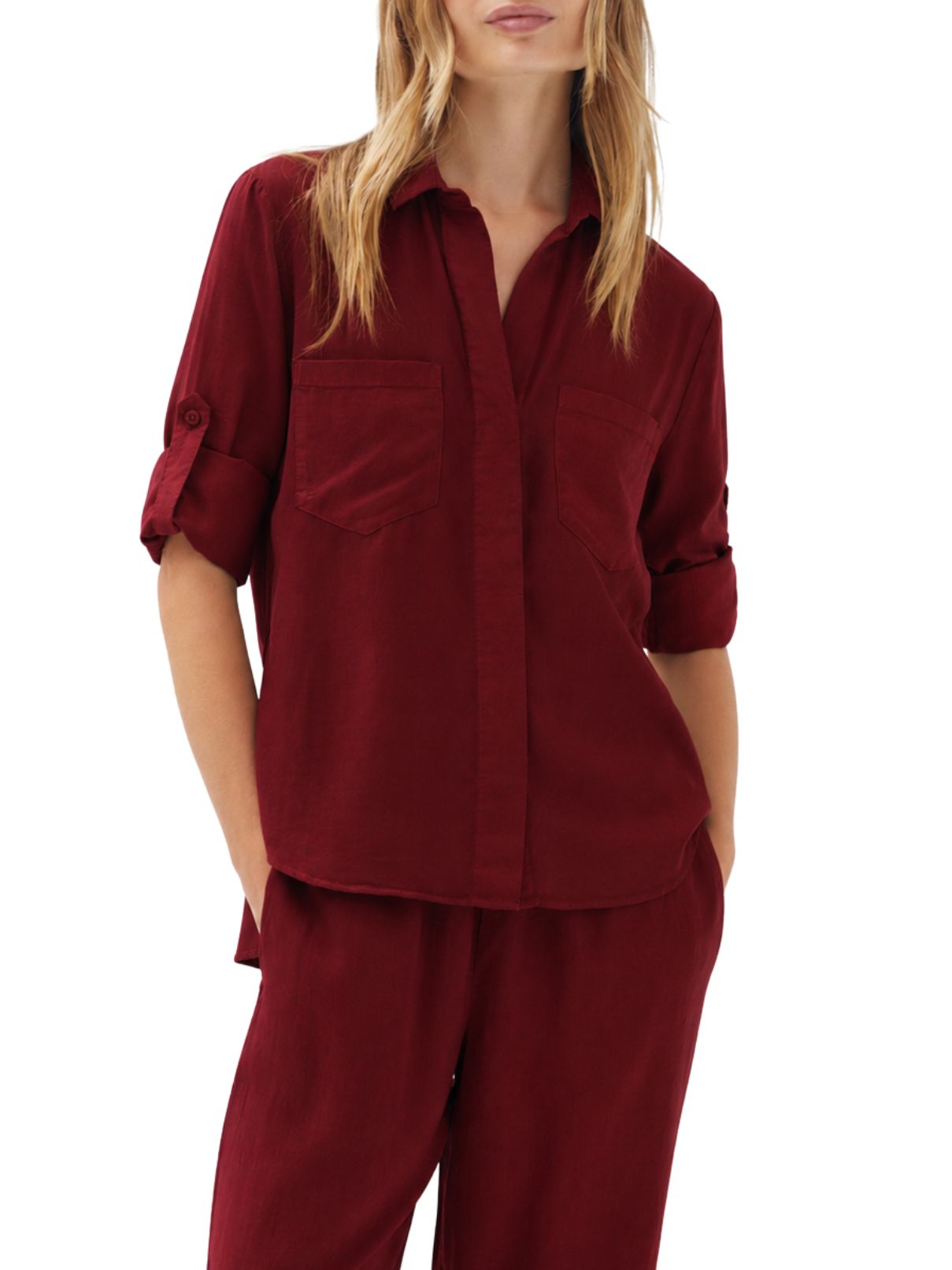 Bella Dahl Split Back Button Down in Deep Crimson
