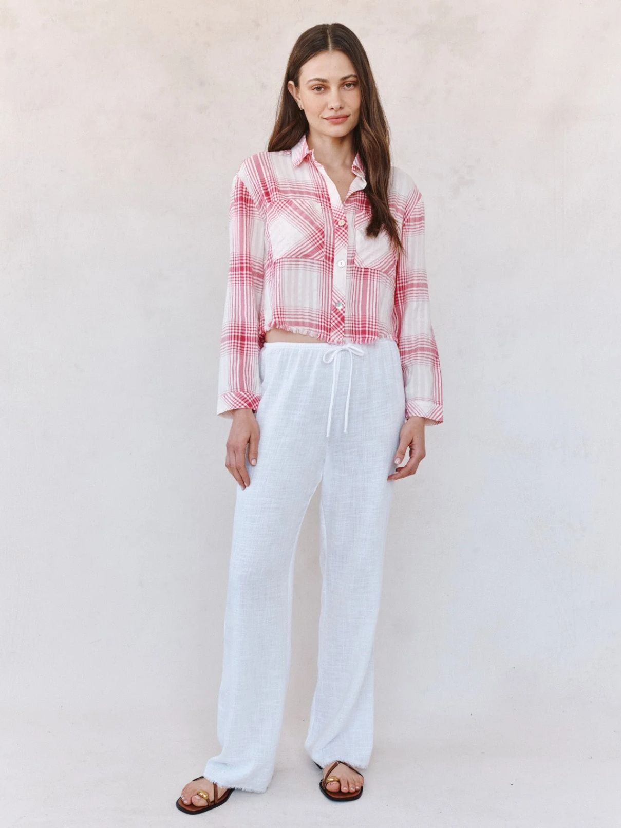 Bella Dahl Two Pocket Fray Hem Top in Pink Sunset Shadow Plaid