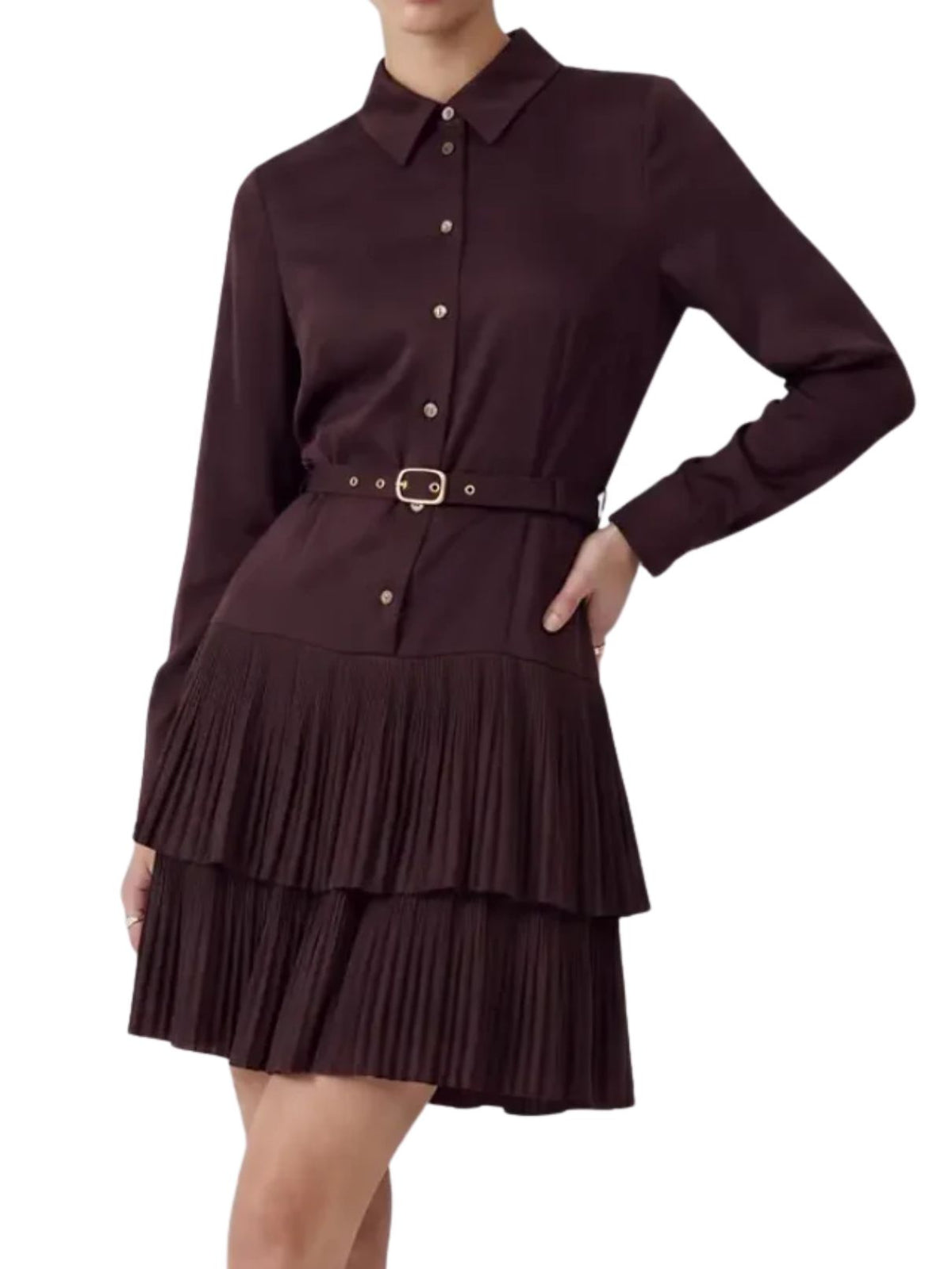 Belted Tiered Pleated Mini Shirt Dress in Cherry Lacquer