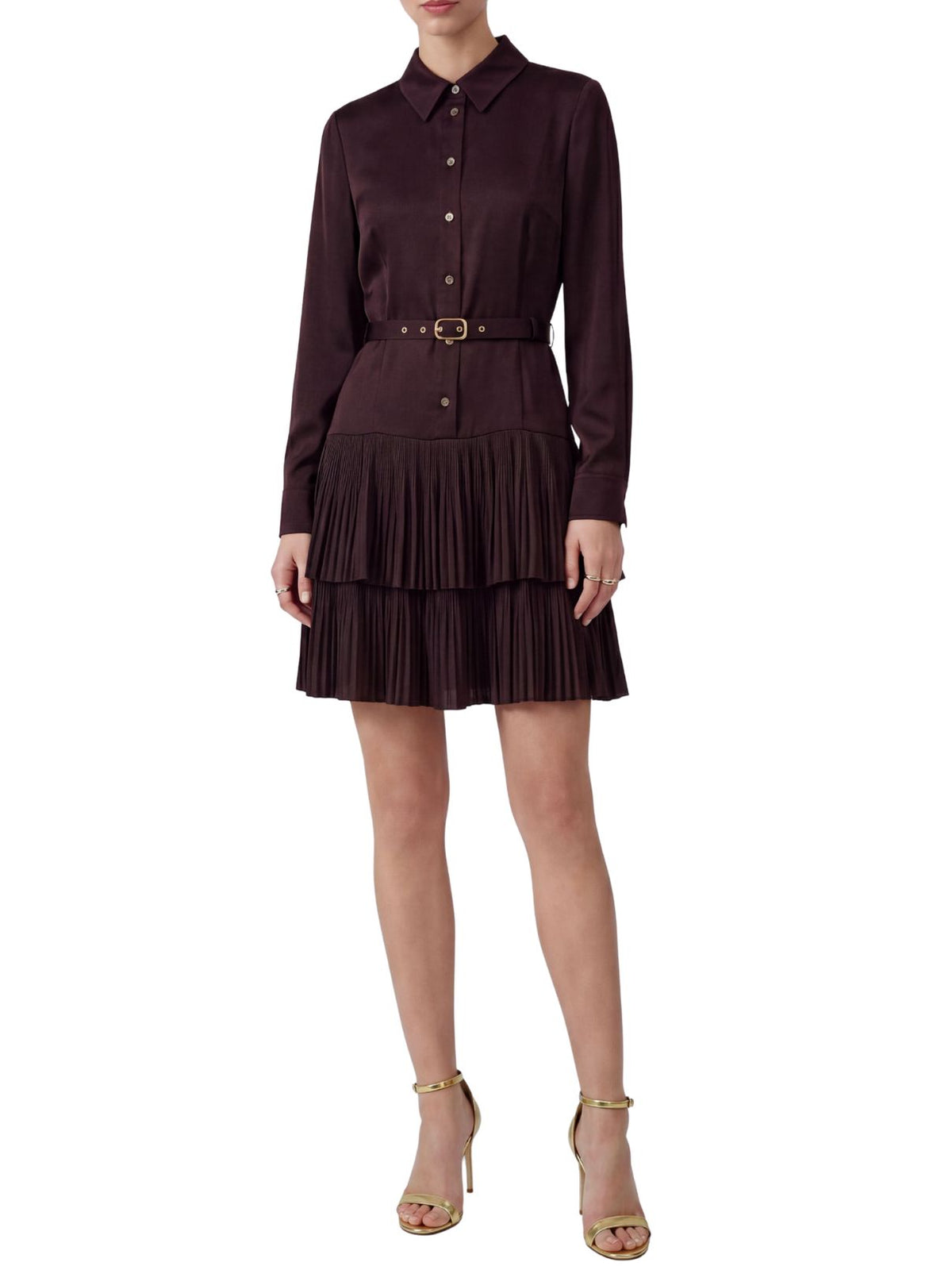 Belted Tiered Pleated Mini Shirt Dress in Cherry Lacquer