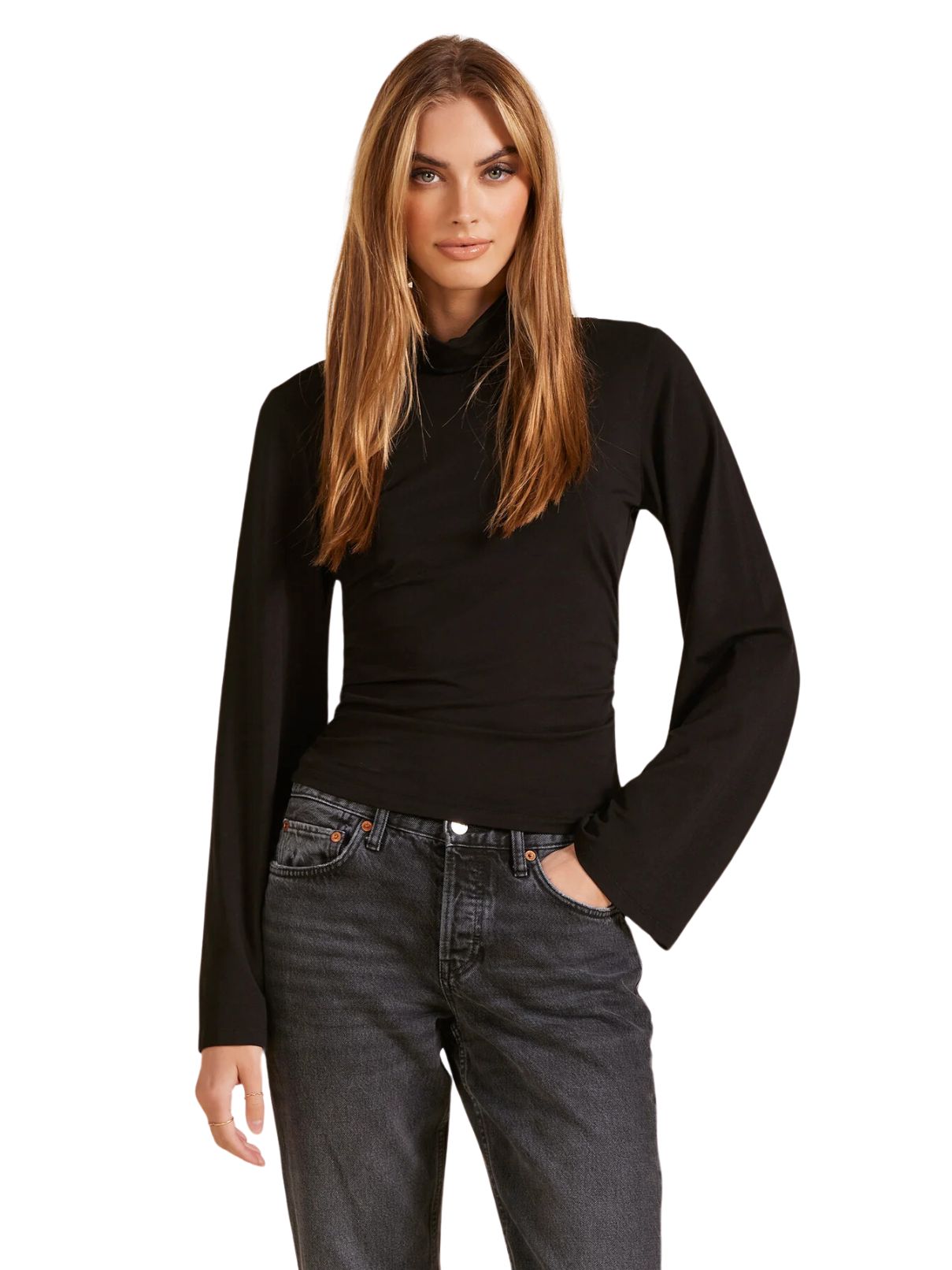 Bobi LA Bell Sleeve Mock Neck in Black