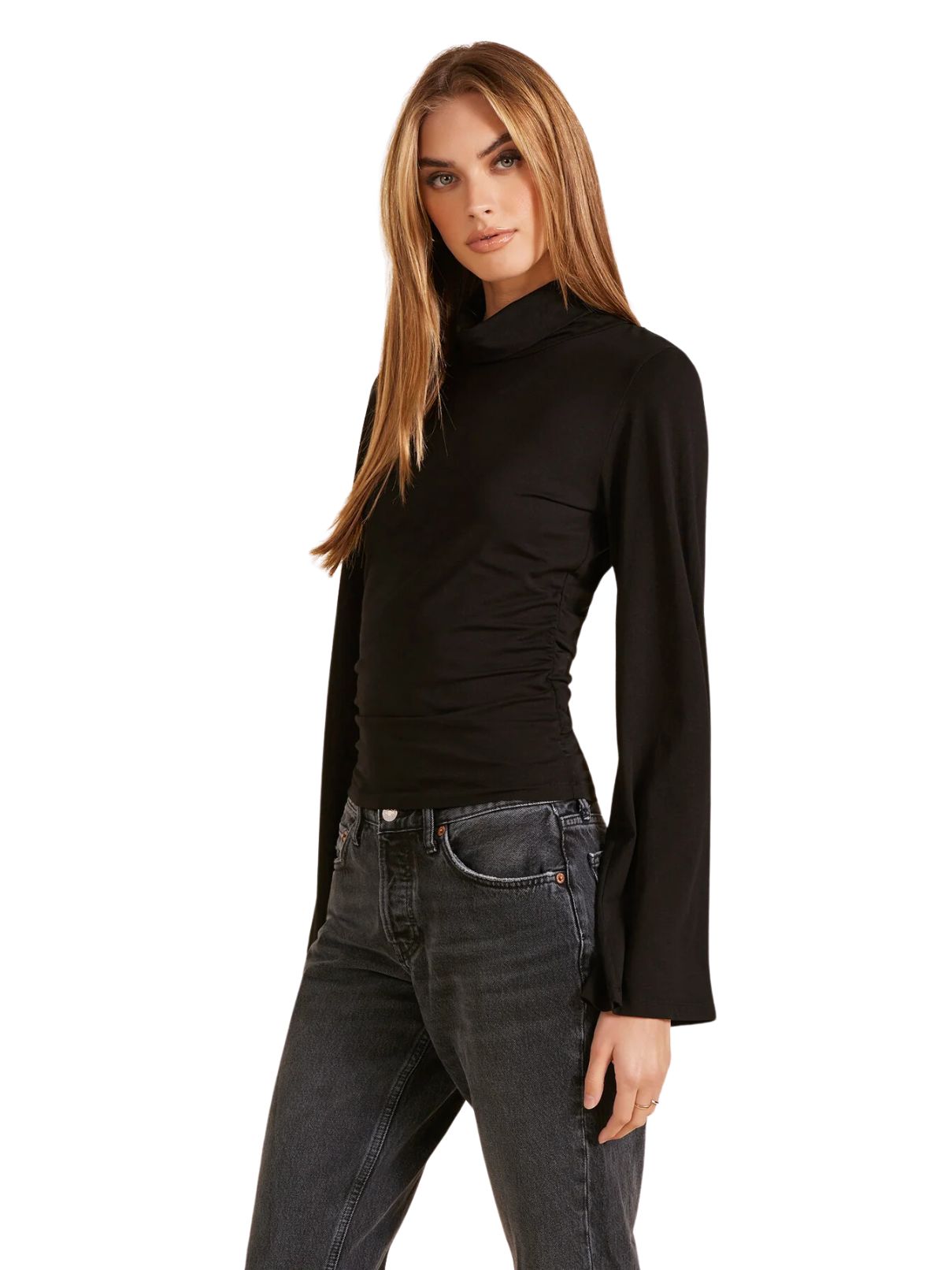 Bobi LA Bell Sleeve Mock Neck in Black