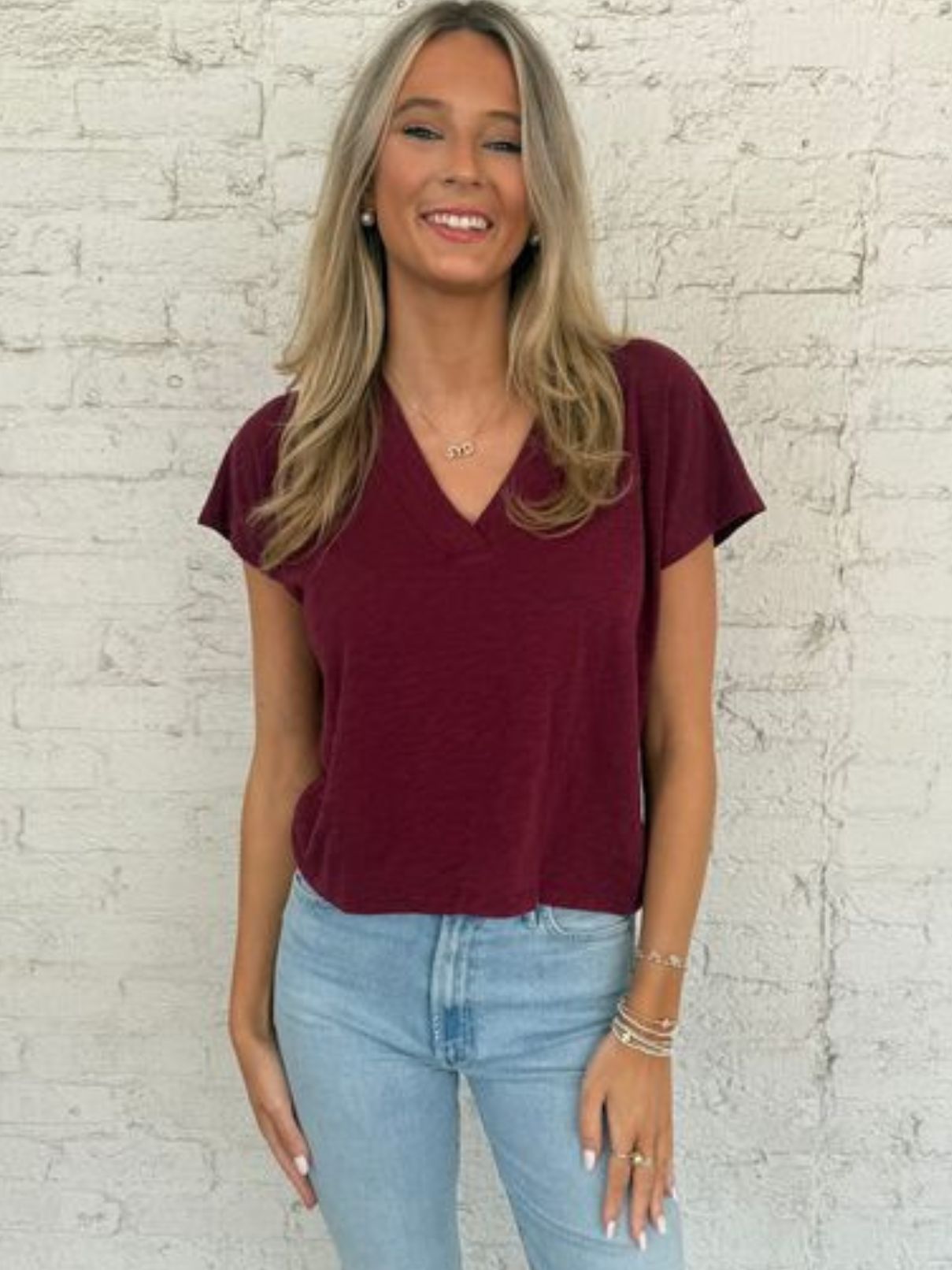 Bobi LA Dolman V-neck Tee in Dark Port