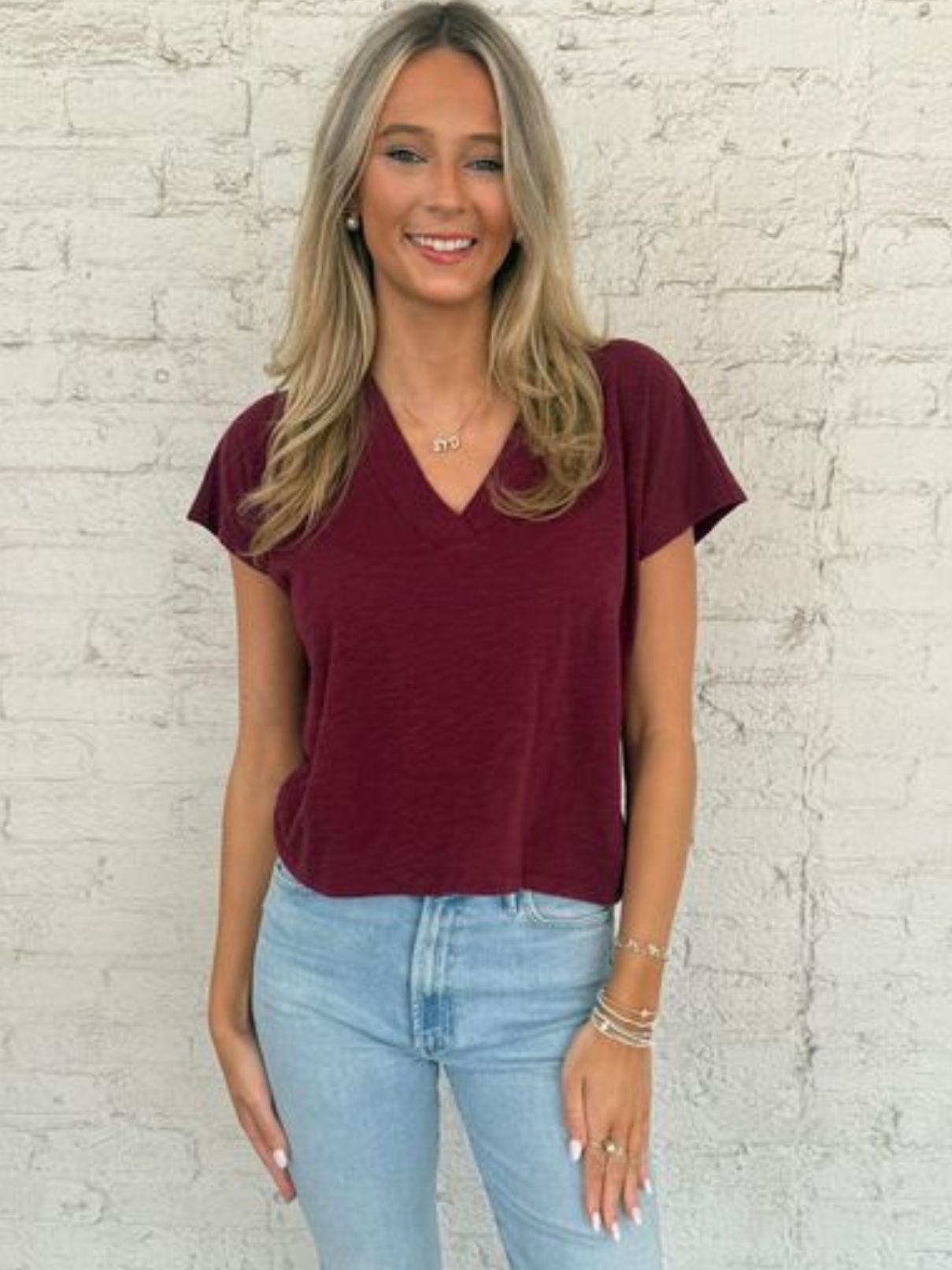 Bobi LA Dolman V-neck Tee in Dark Port