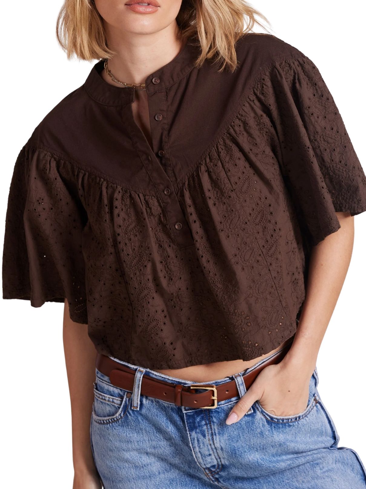 Bobi LA Faye Boho Henley Top in Mocha