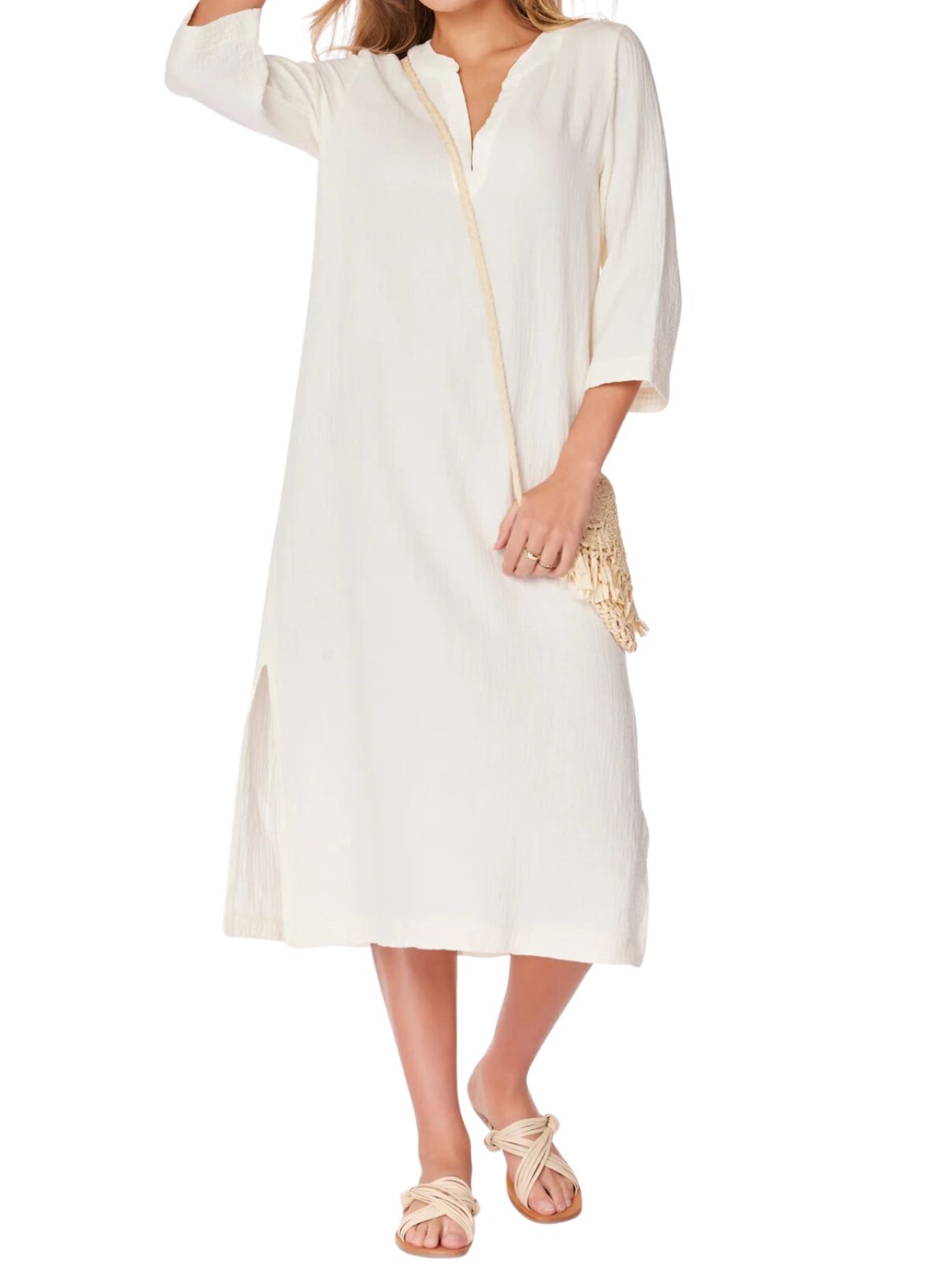 Bobi LA Gauze 3/4 Slv Midi Caftan in Macadamia