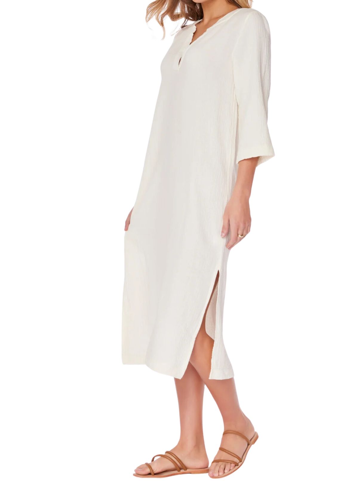 Bobi LA Gauze 3/4 Slv Midi Caftan in Macadamia