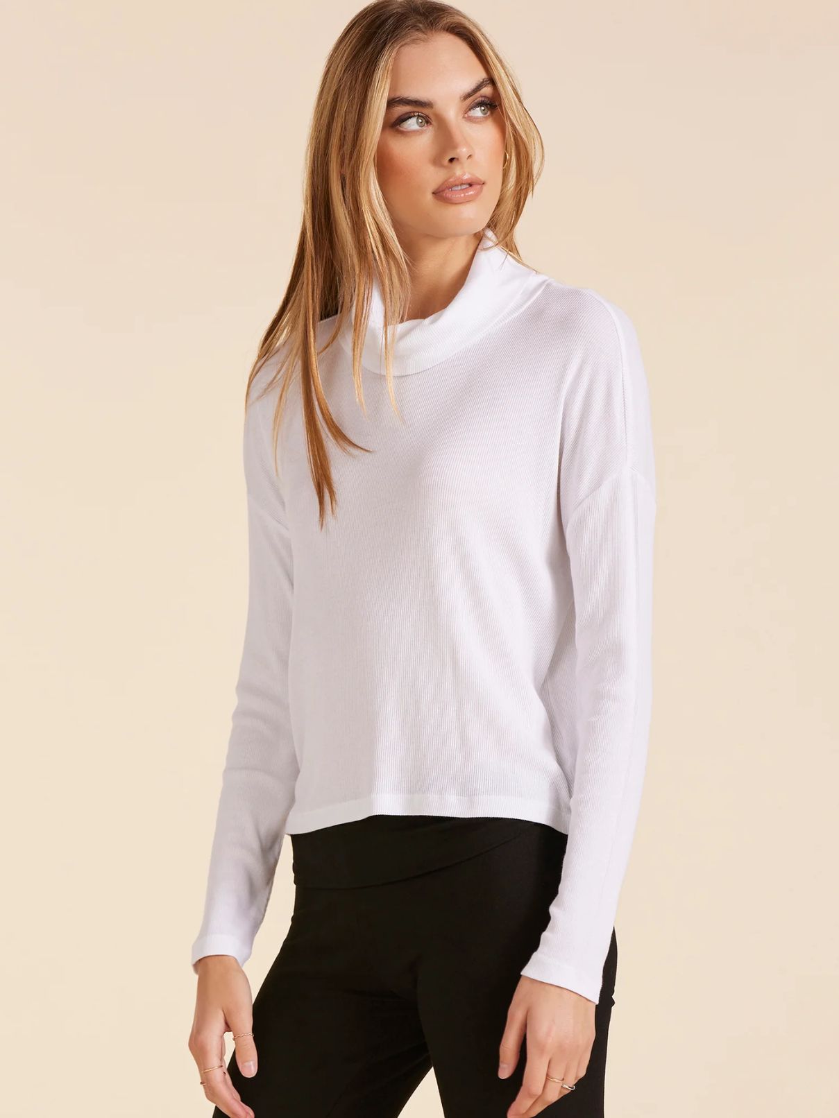 Bobi LA Mock Neck Boxy L/S Top in White