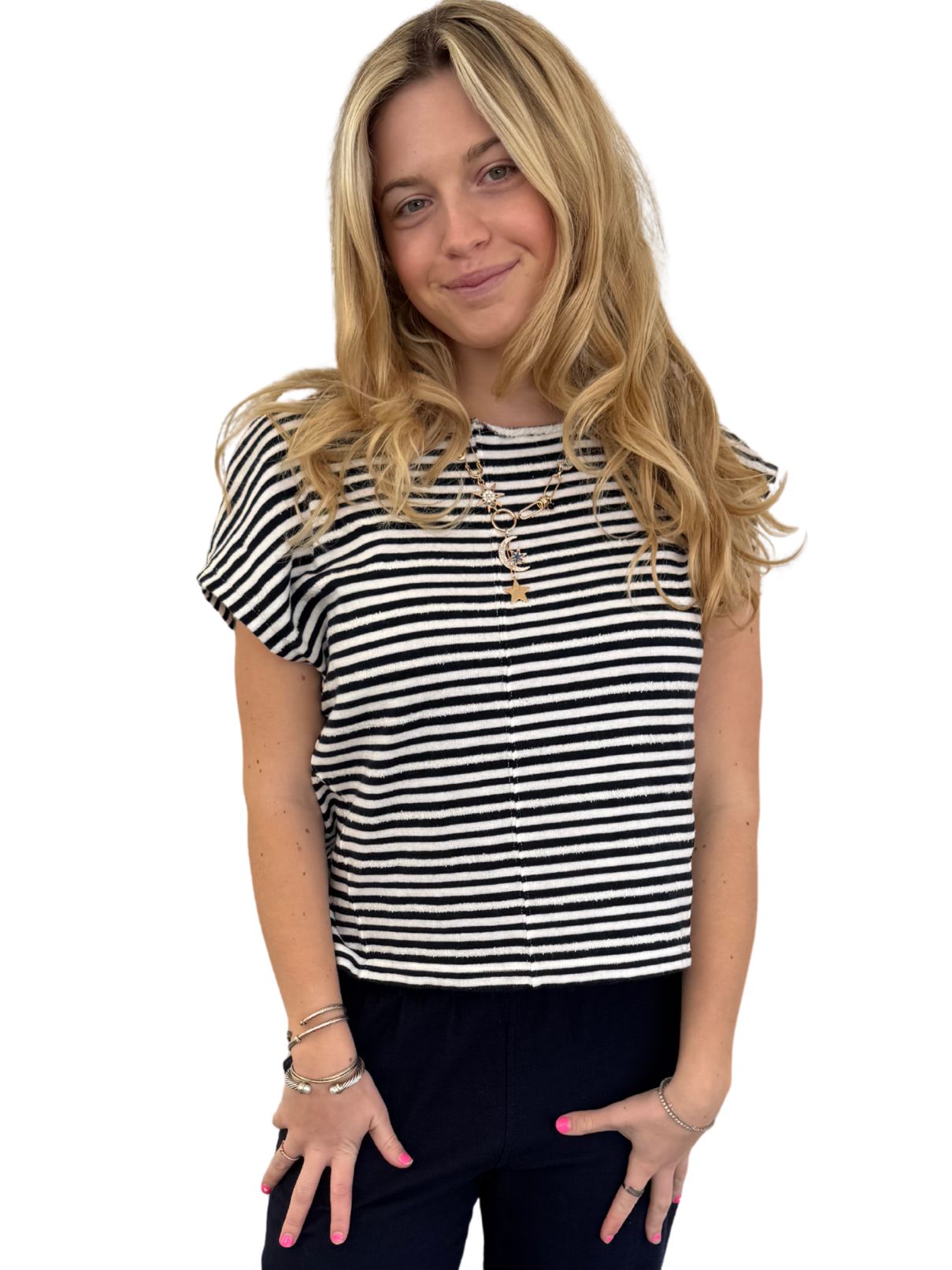 Bobi LA Off Shoulder S/S Top in Navy