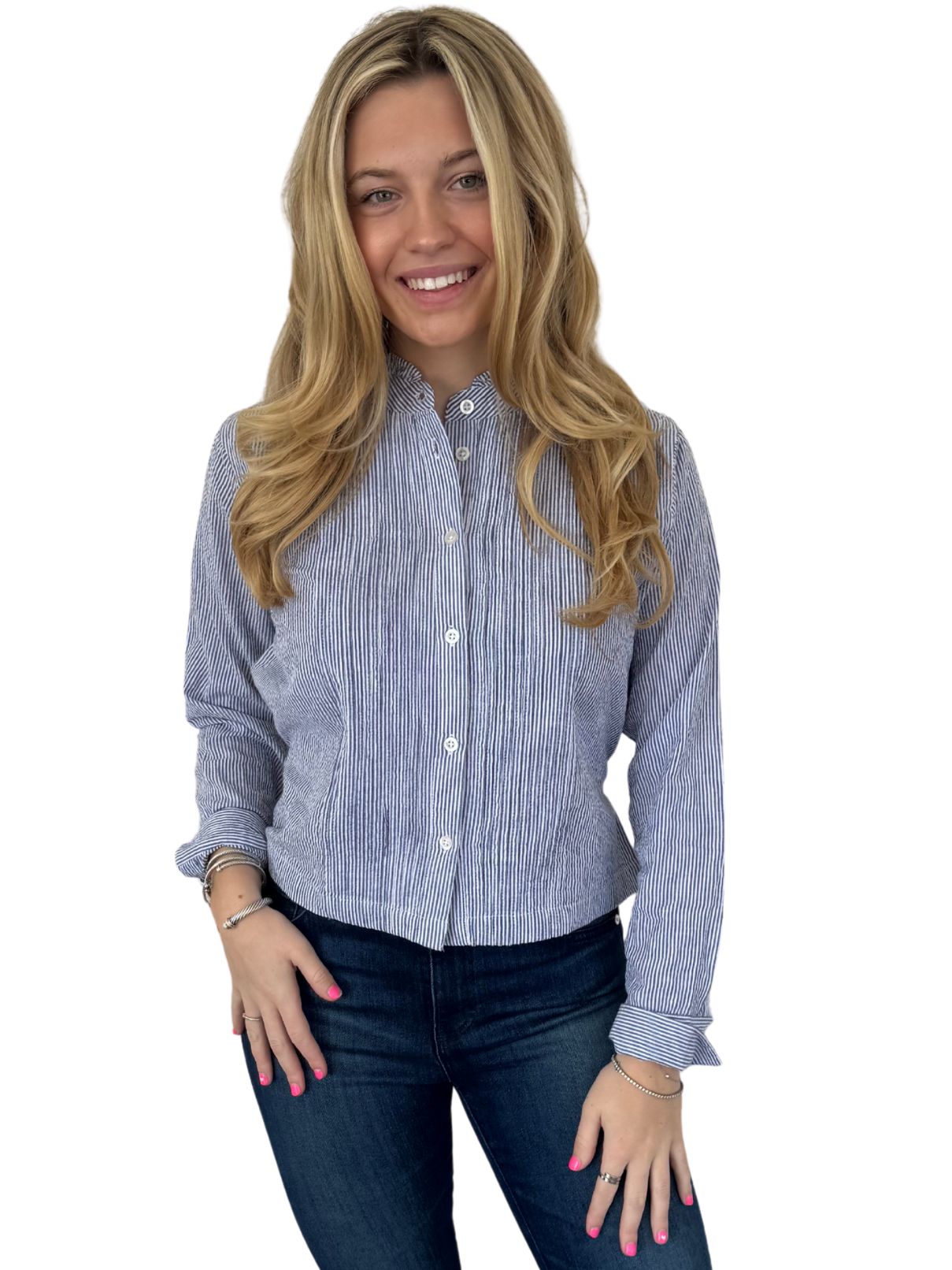 Bobi LA Pintuck L/S Top in Blue Stripe