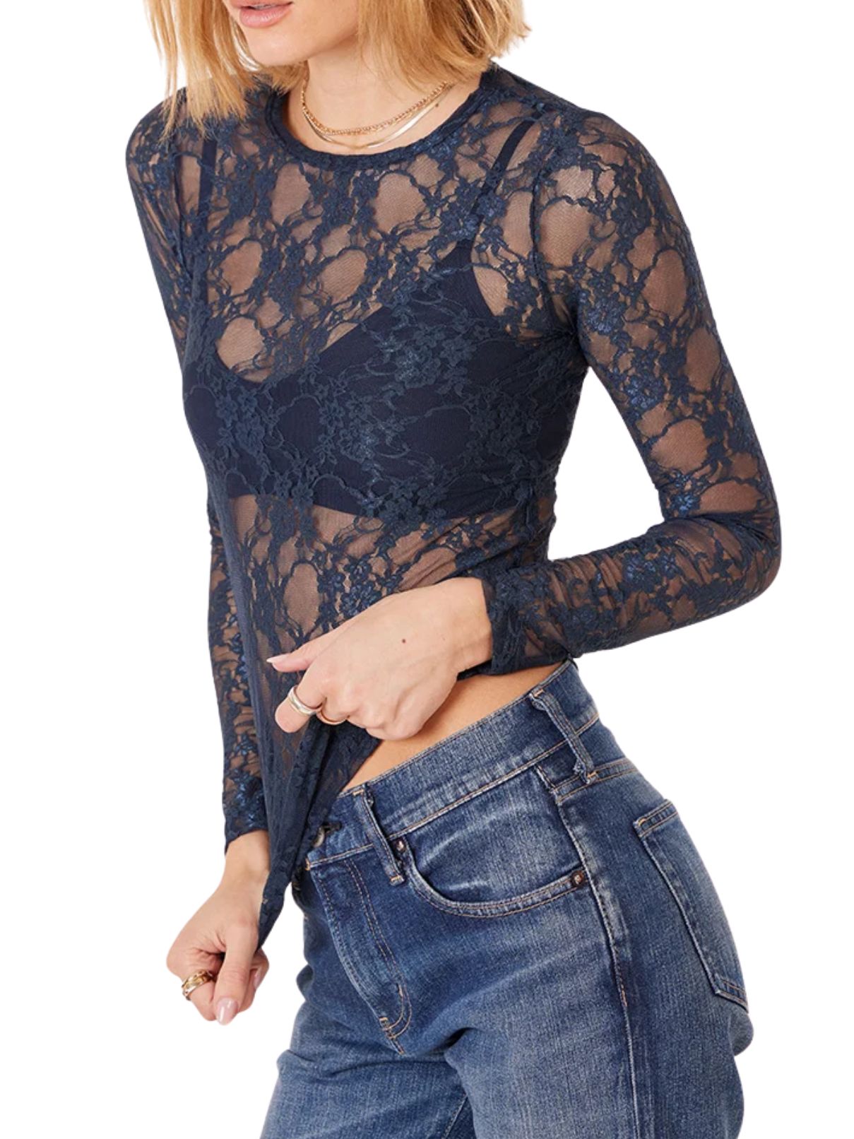 Bobi Slim Long Sleeve Lace Tee – Hale Navy