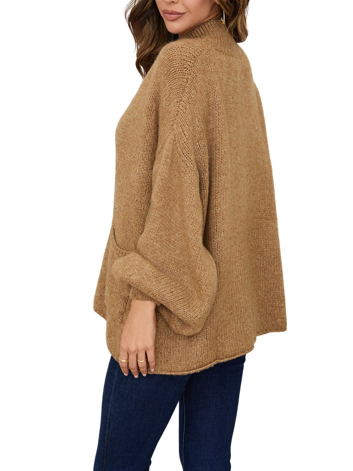 Button-Down Balloon Sleeve Knit Cardigan Sweater in Camel