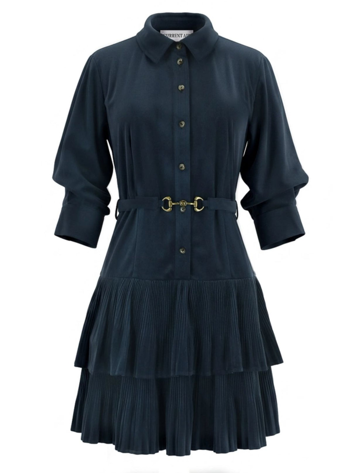 Corduroy Tiered Pleated Shirt Dress with Horsebit Belt in Navy