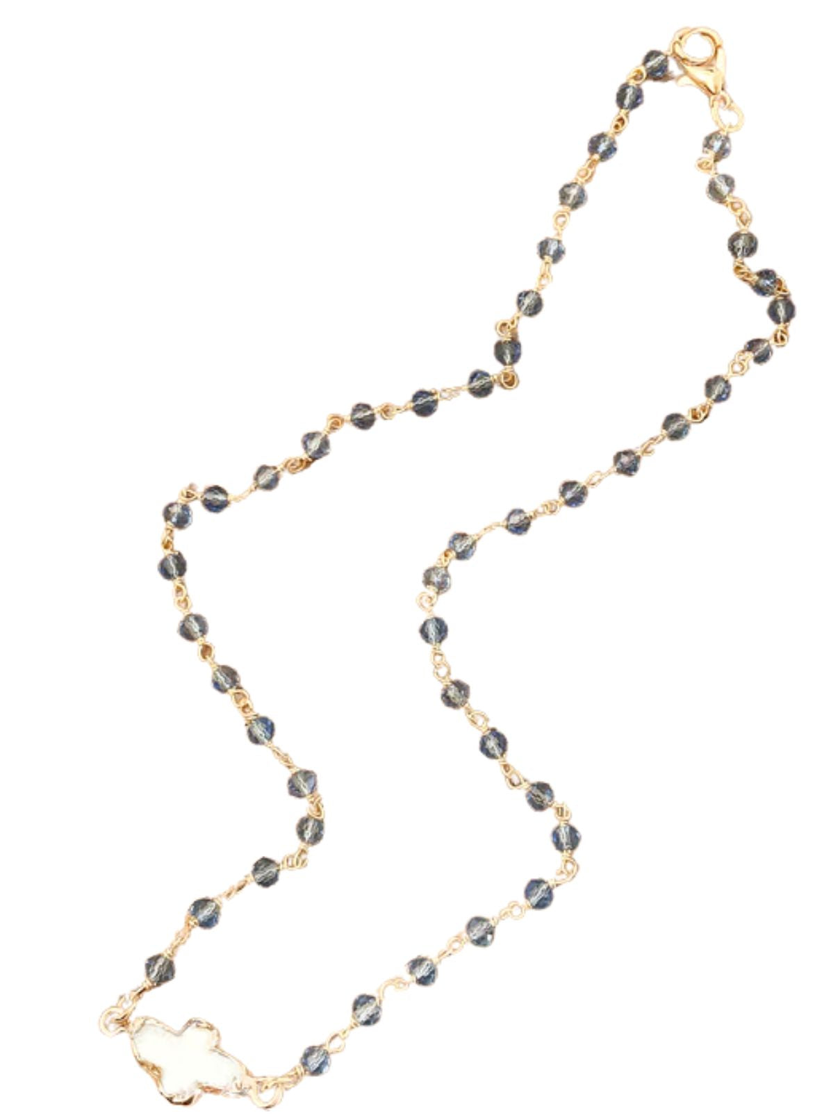 Cornflower Blue Bezel Cross Rosary Necklace