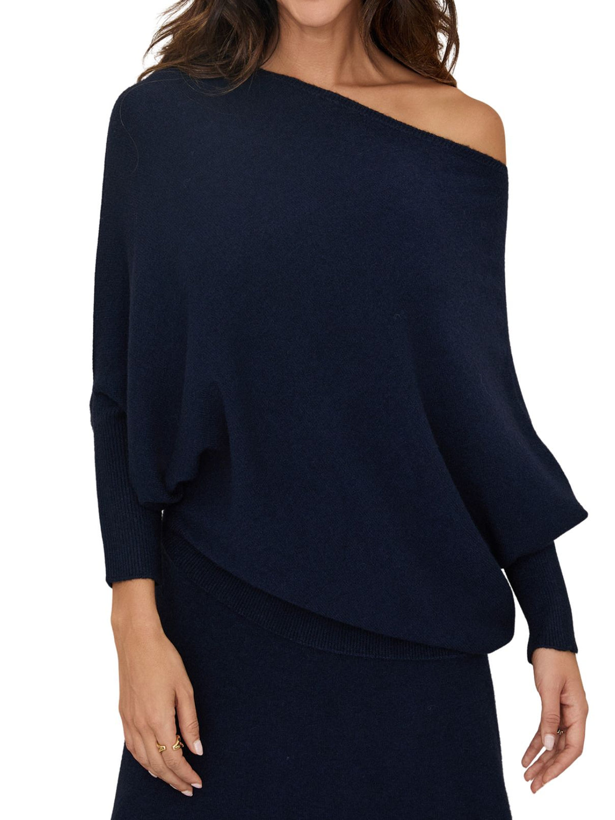 Cotton Island Asymmetrical Ribbed Knit Sweater in Midnight Navy
