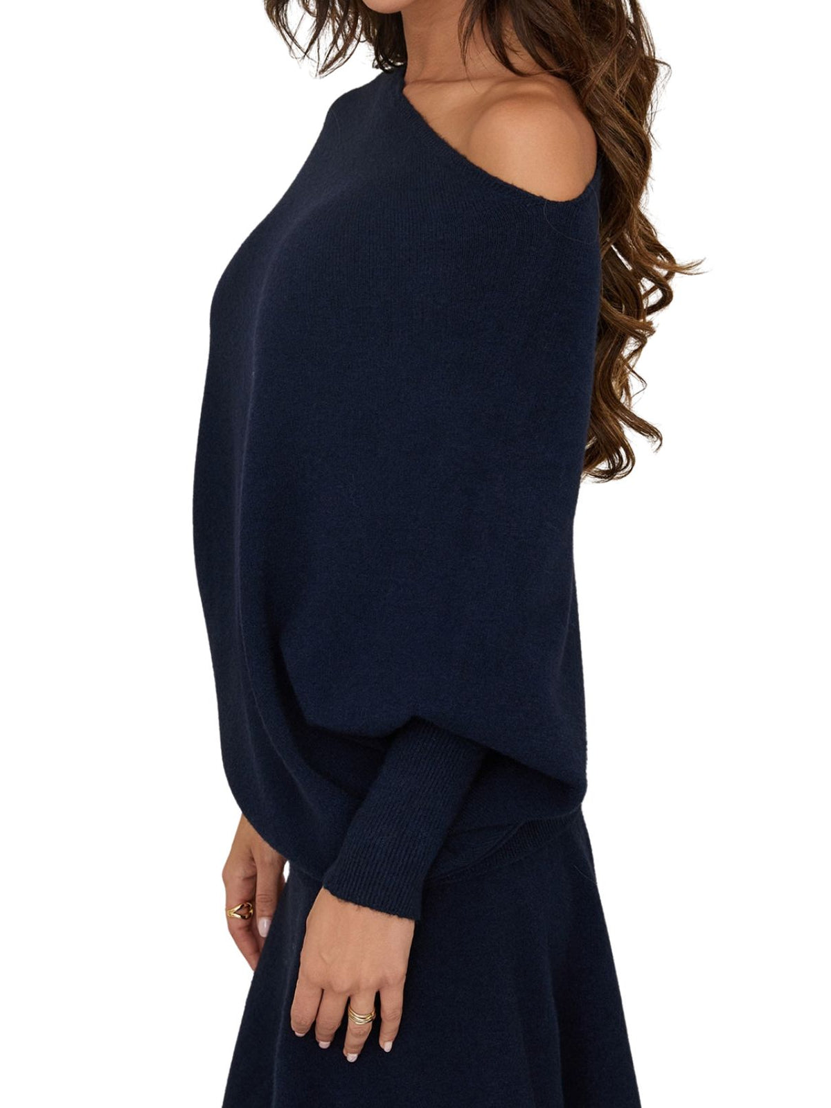 Cotton Island Asymmetrical Ribbed Knit Sweater in Midnight Navy