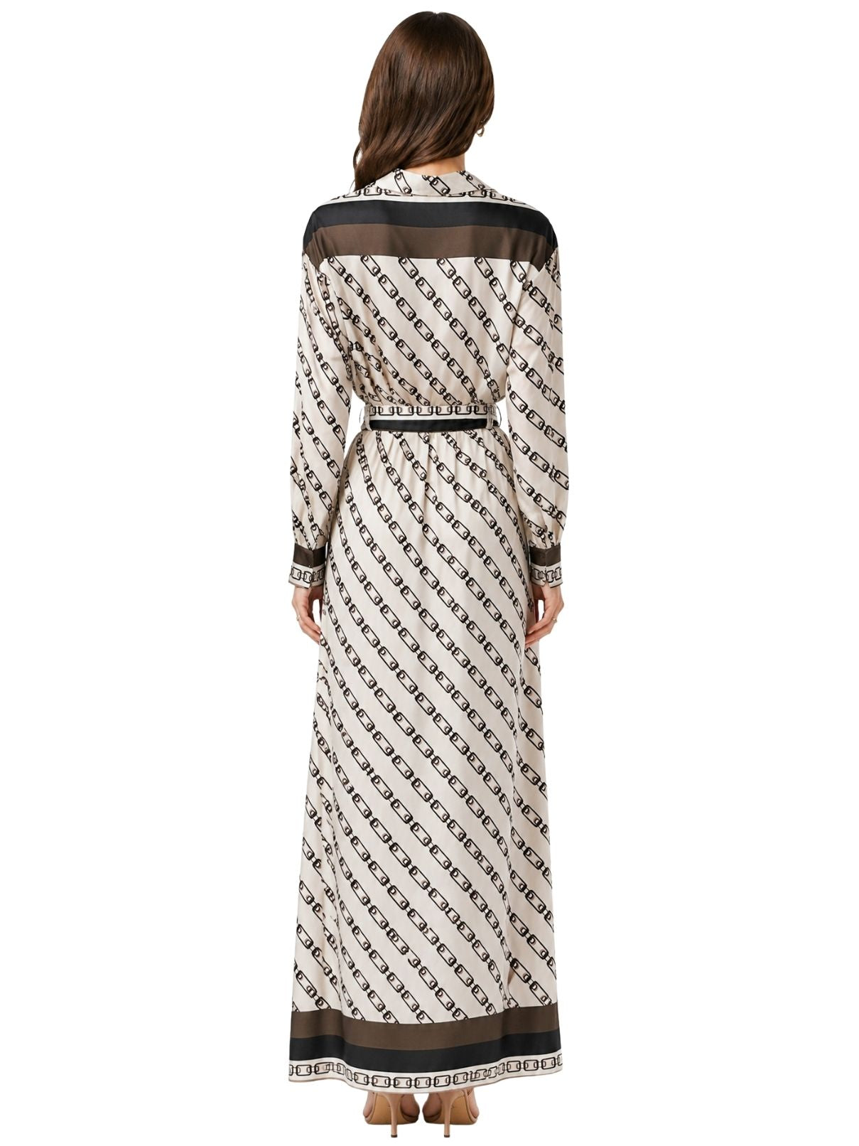 Cotton Island Chain Link Print Button Down Dress with Tie & Belt