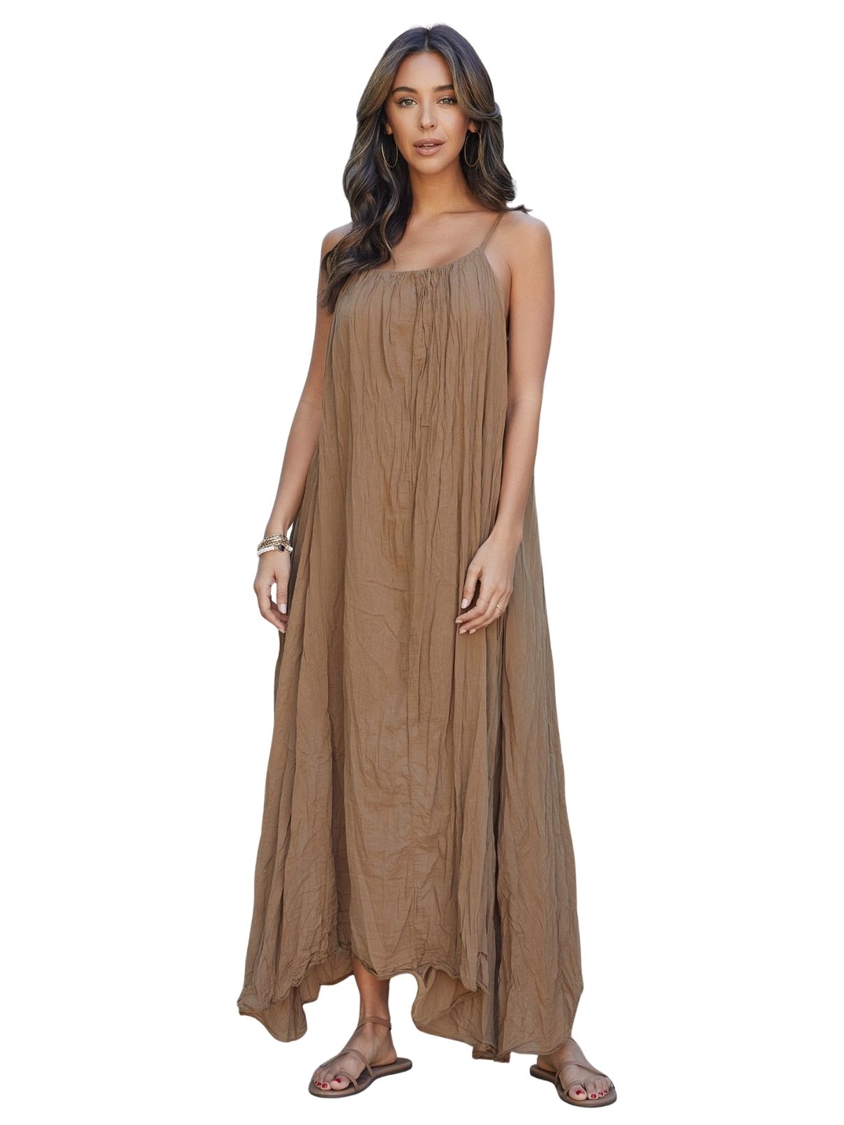 Cotton Island Coastal Breeze Crinkle Maxi Dress in Camel