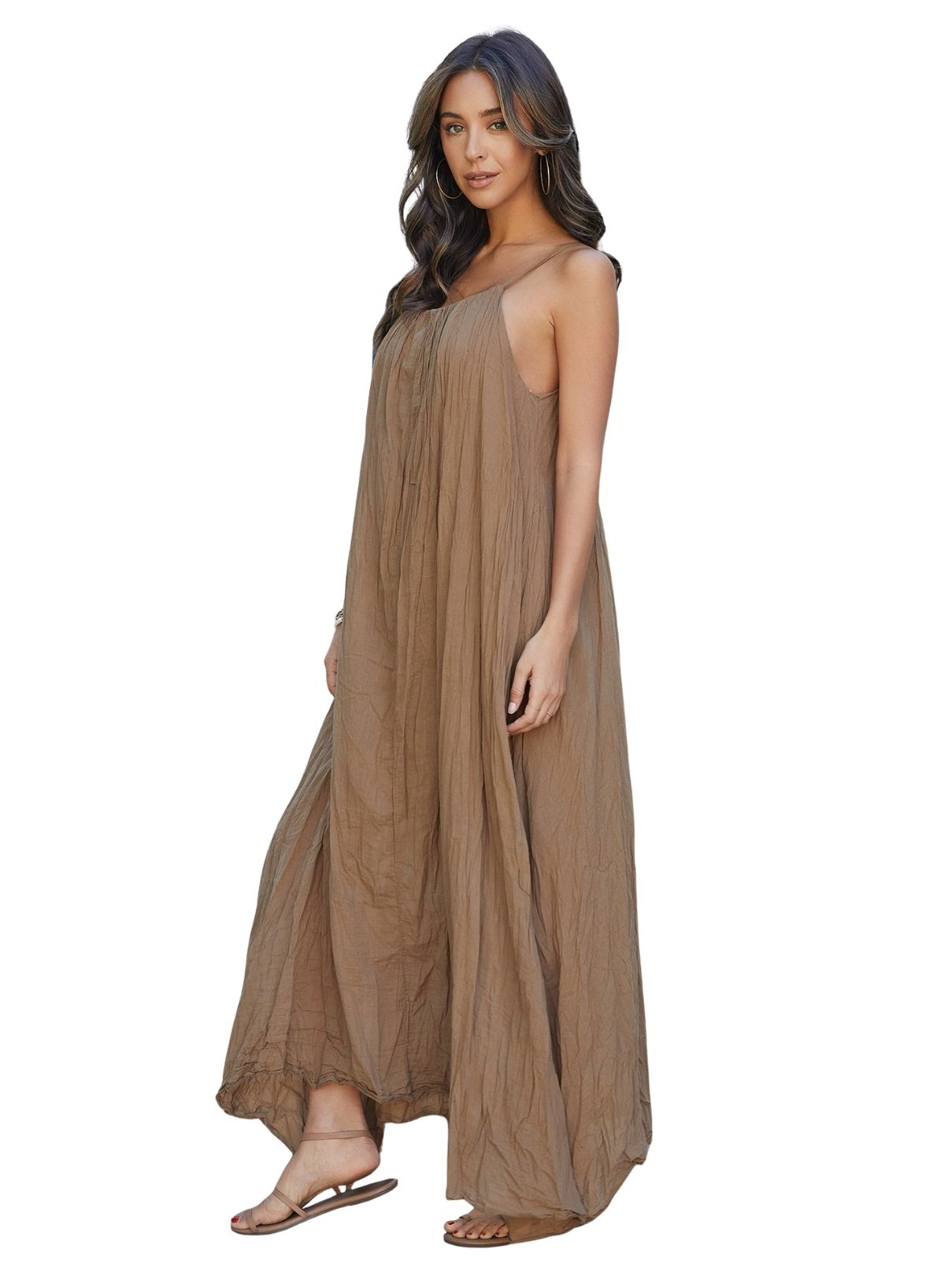 Cotton Island Coastal Breeze Crinkle Maxi Dress in Camel