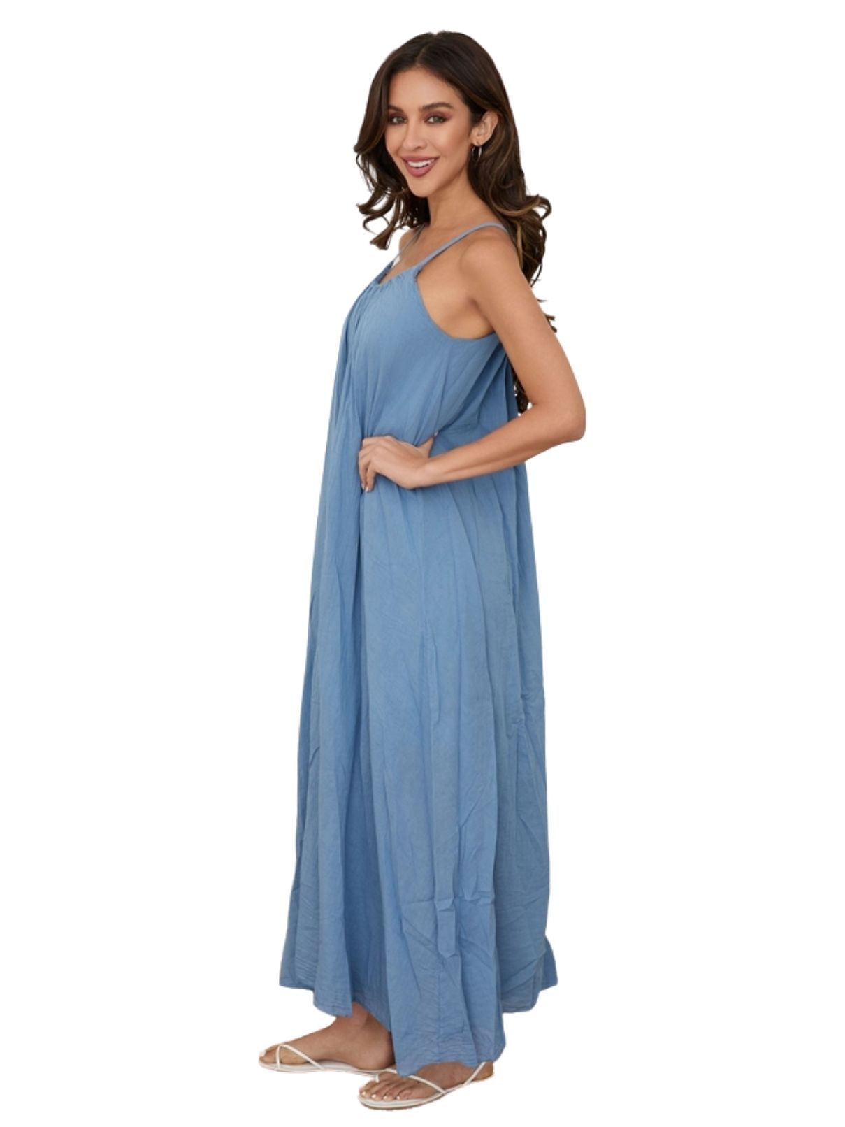 Cotton Island Coastal Breeze Crinkle Maxi Dress in Denim Blue