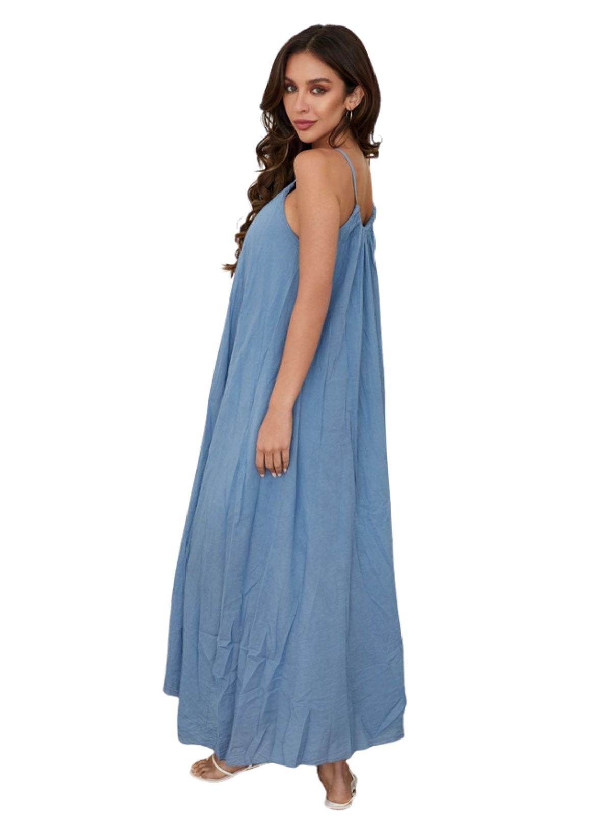 Cotton Island Coastal Breeze Crinkle Maxi Dress in Denim Blue