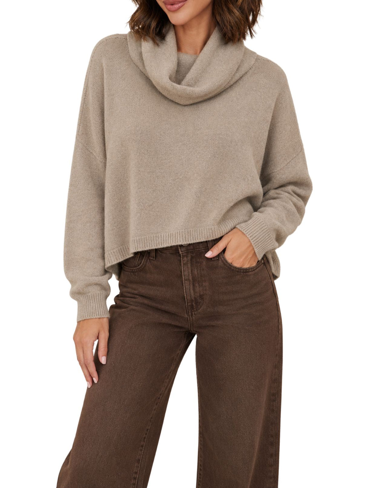 Cotton Island Cowl Neck Cropped Knit Sweater in Earth Beige