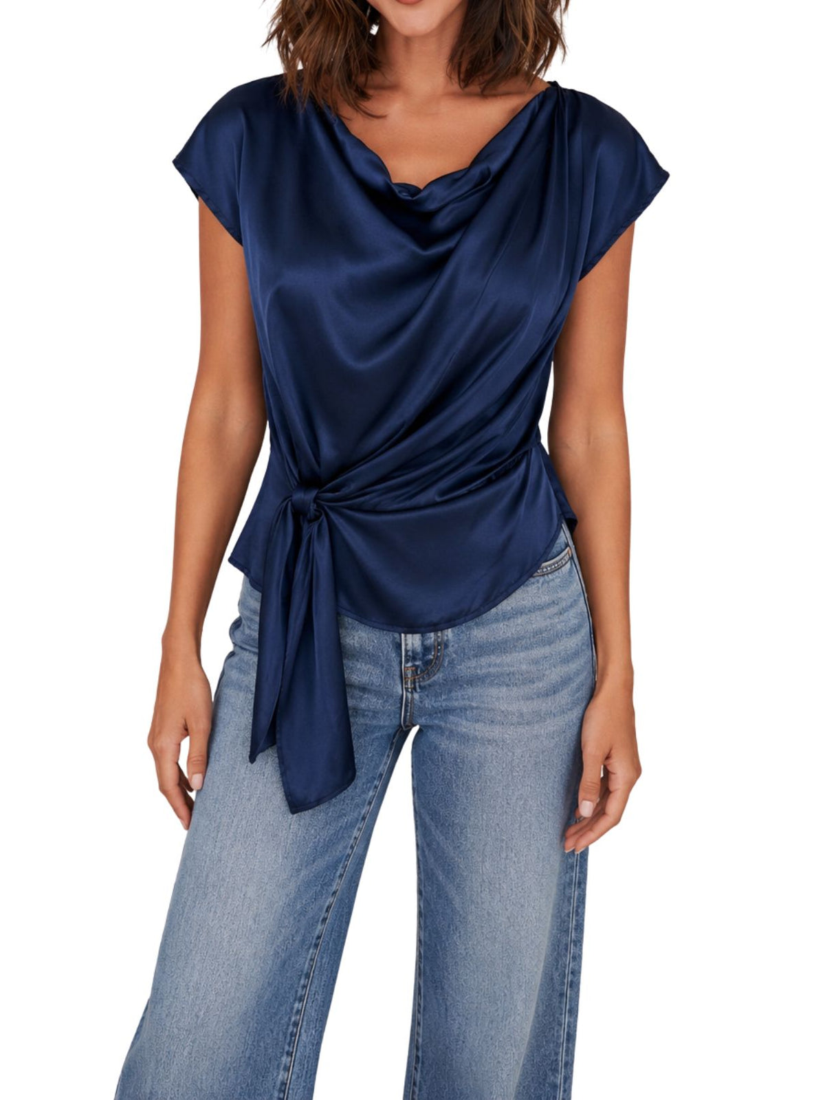 Cotton Island Cowl Neck Wrap Side Drape Cap Sleeve Top in Navy