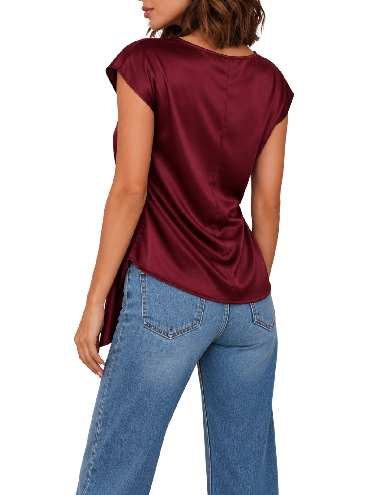 Cotton Island Cowl Neck Wrap Side Drape Cap Sleeve Top in Wine