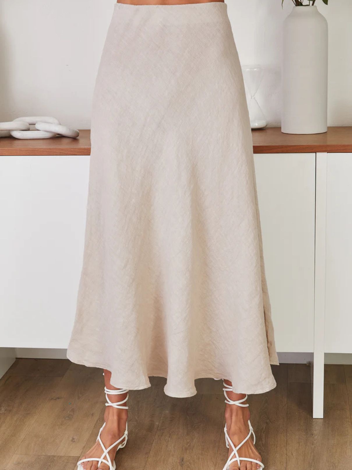 Cotton Island Crinkle Linen Midi Skirt in Beige