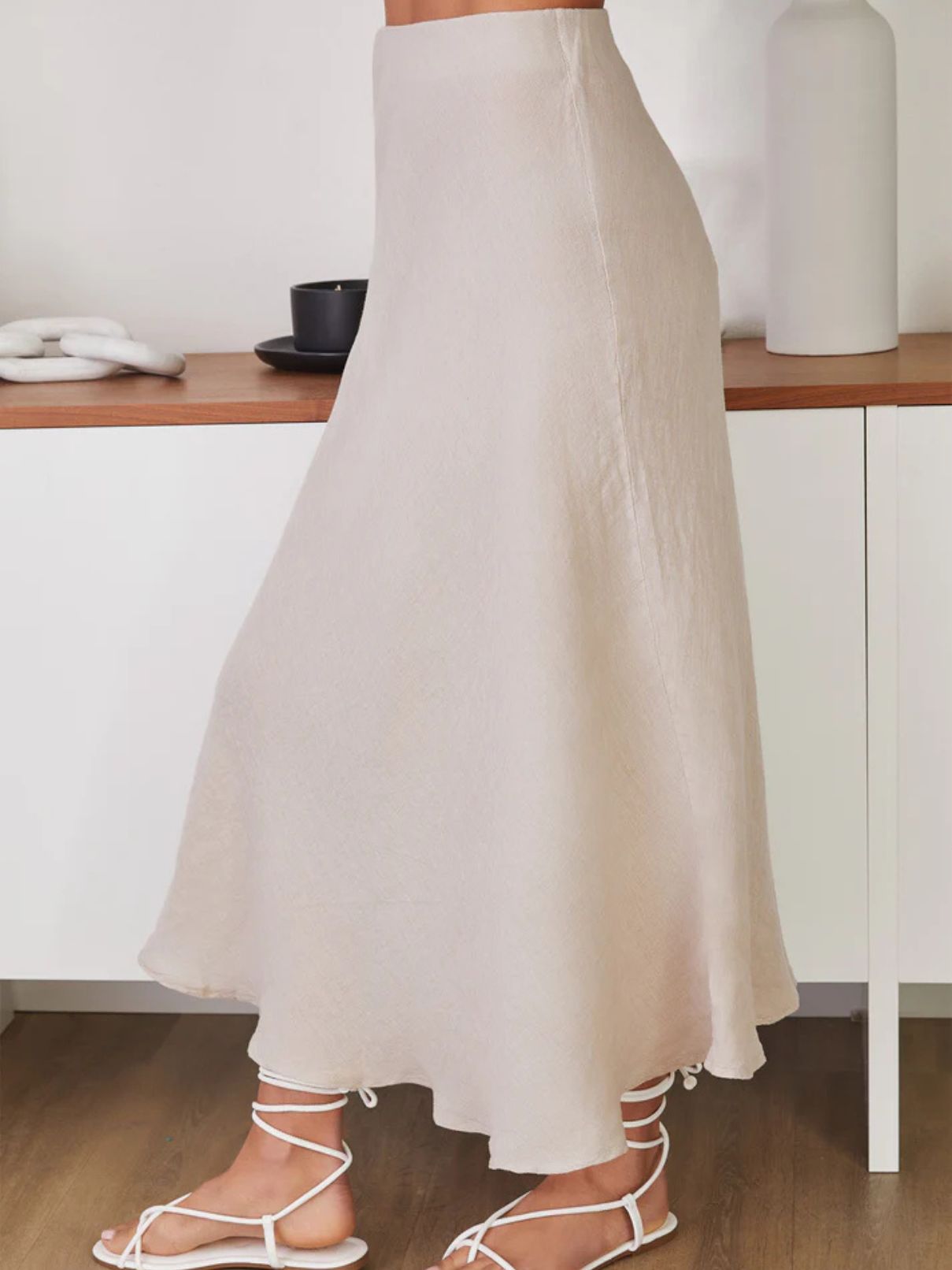 Cotton Island Crinkle Linen Midi Skirt in Beige