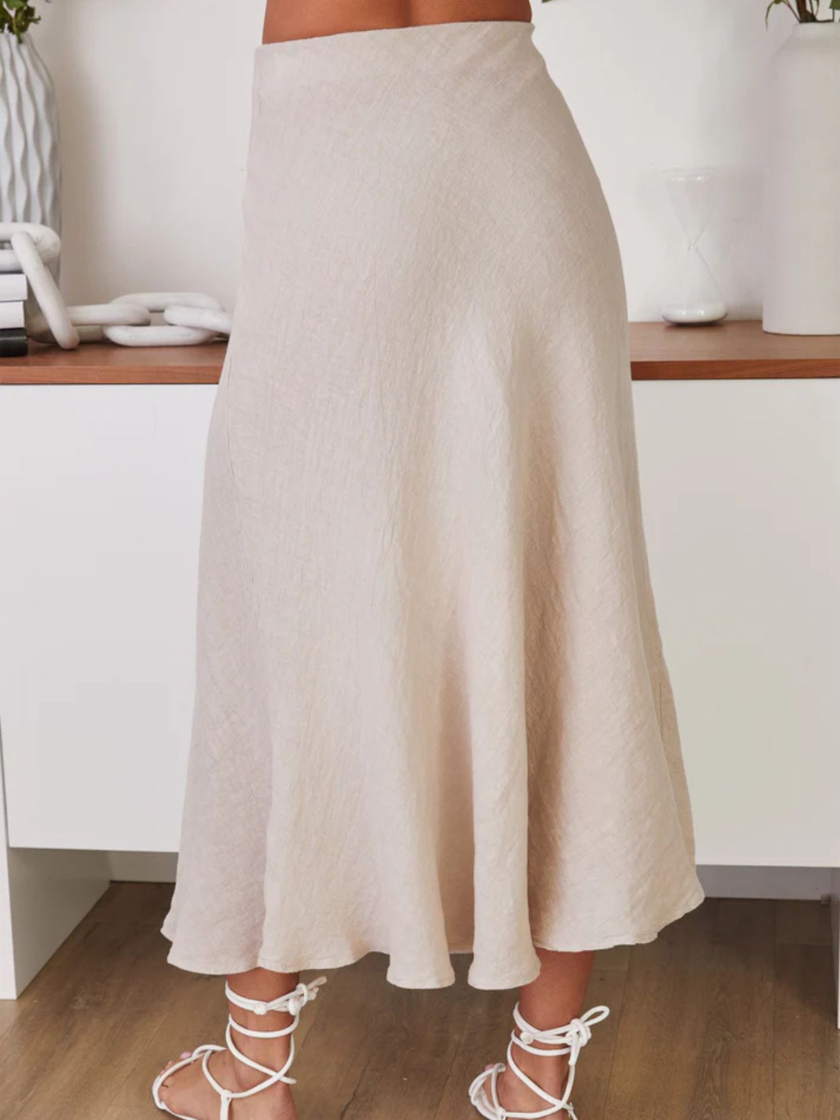 Cotton Island Crinkle Linen Midi Skirt in Beige