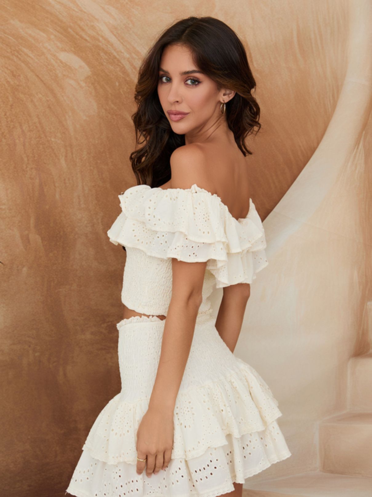 Cotton Island Eyelet Ruffle Off Shoulder Top in Butter