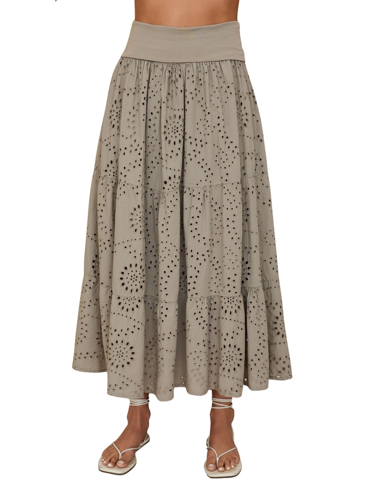 Cotton Island Eyelet Tiered Maxi Skirt in Taupe