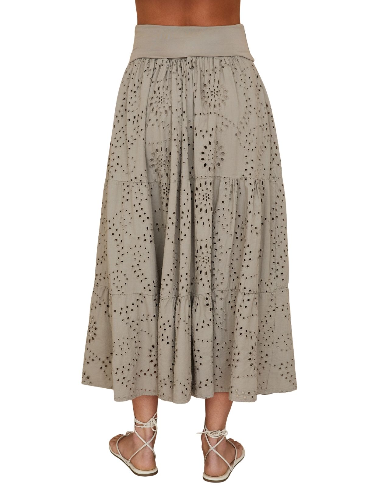 Cotton Island Eyelet Tiered Maxi Skirt in Taupe