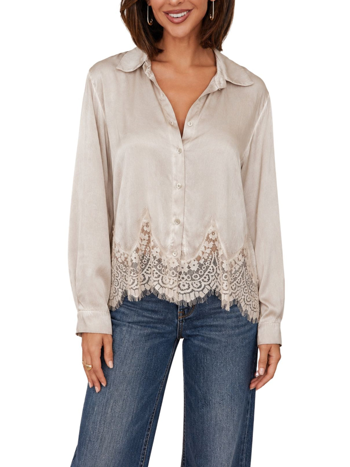 Cotton Island Lace Hem Long Sleeve Button-Down Top in Beige