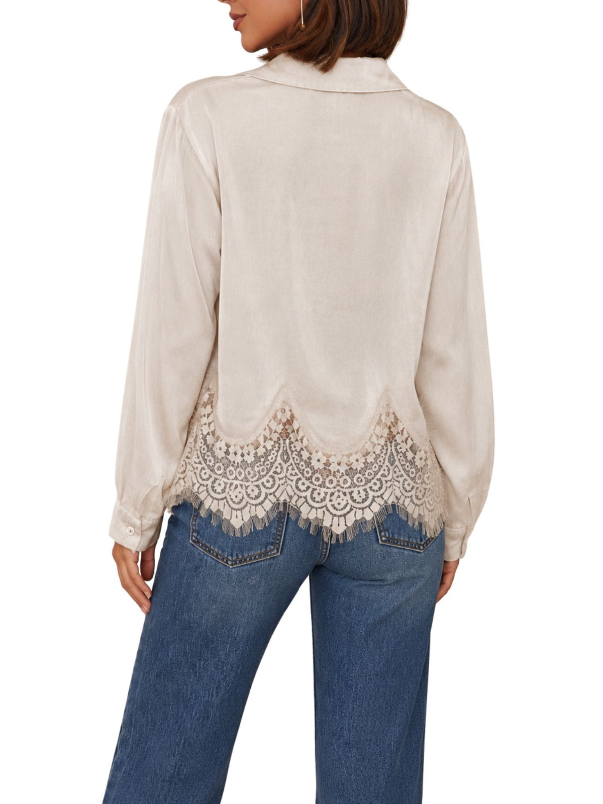 Cotton Island Lace Hem Long Sleeve Button-Down Top in Beige