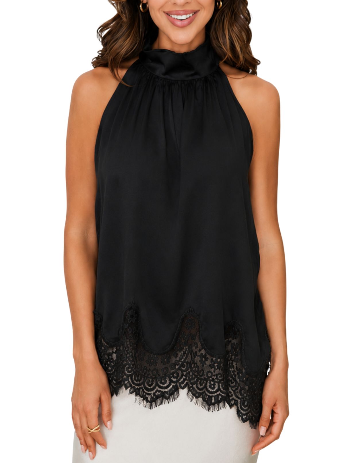 Cotton Island Lace Hem Sleeveless Halter Top – Black