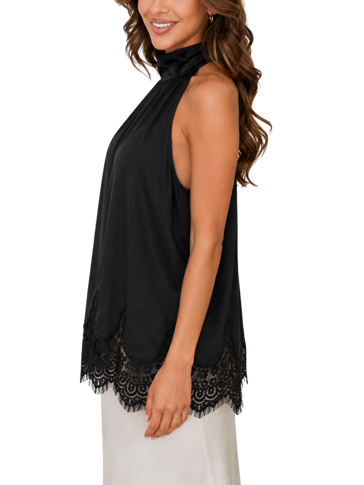 Cotton Island Lace Hem Sleeveless Halter Top – Black
