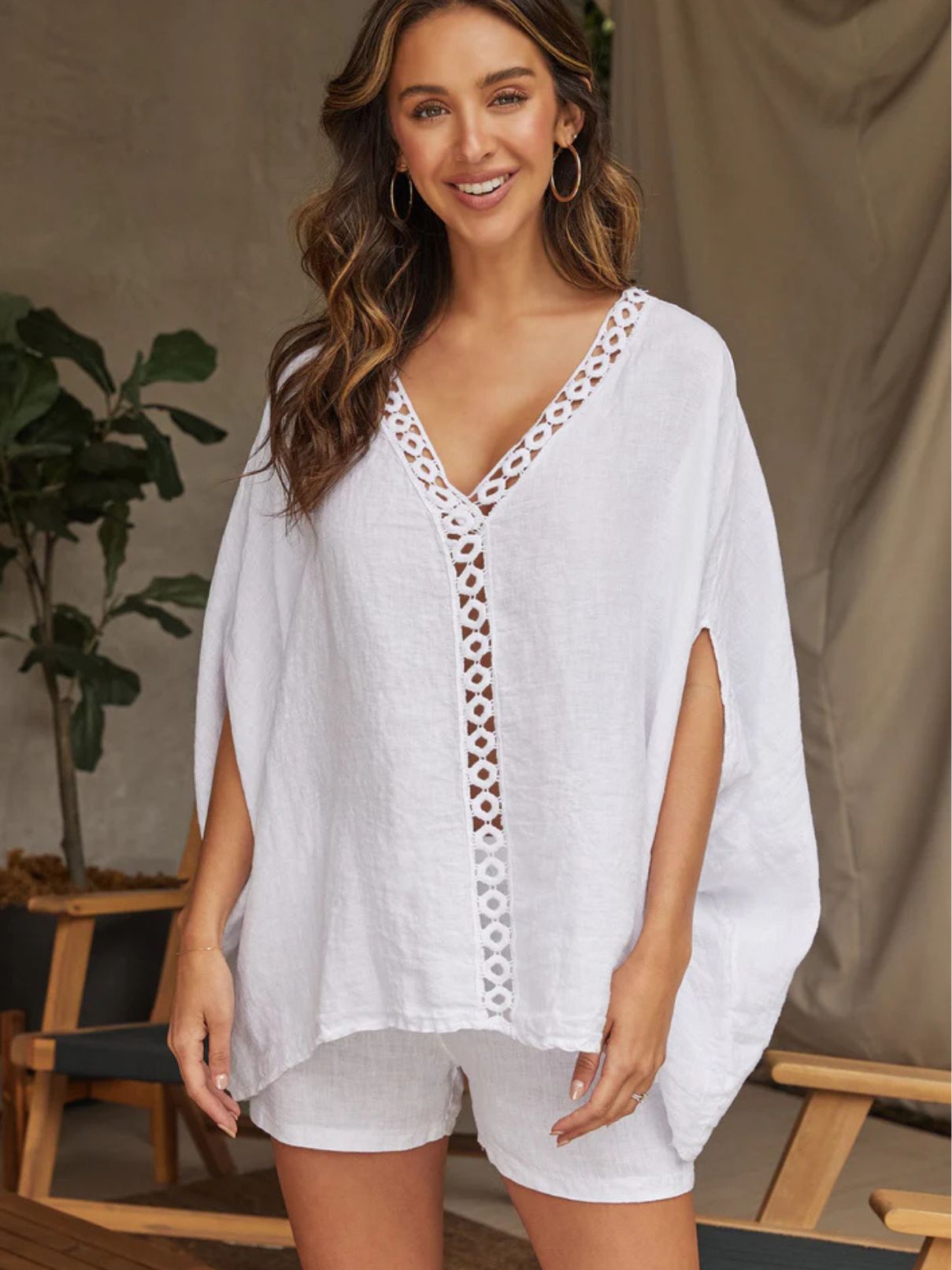Cotton Island Lace Trim Linen Top in White