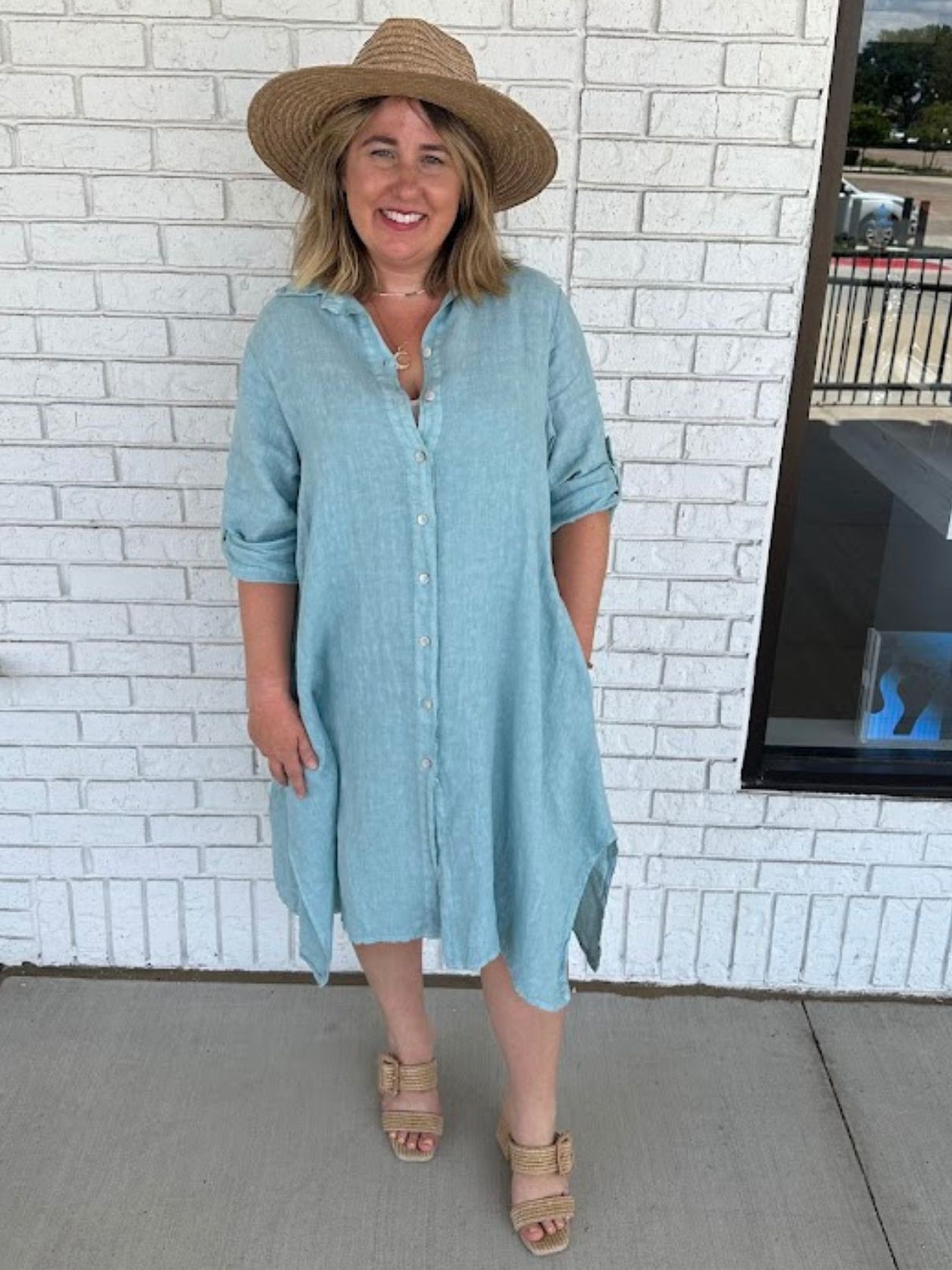 Cotton Island Linen Buttondown Dress in Blue Zuccero