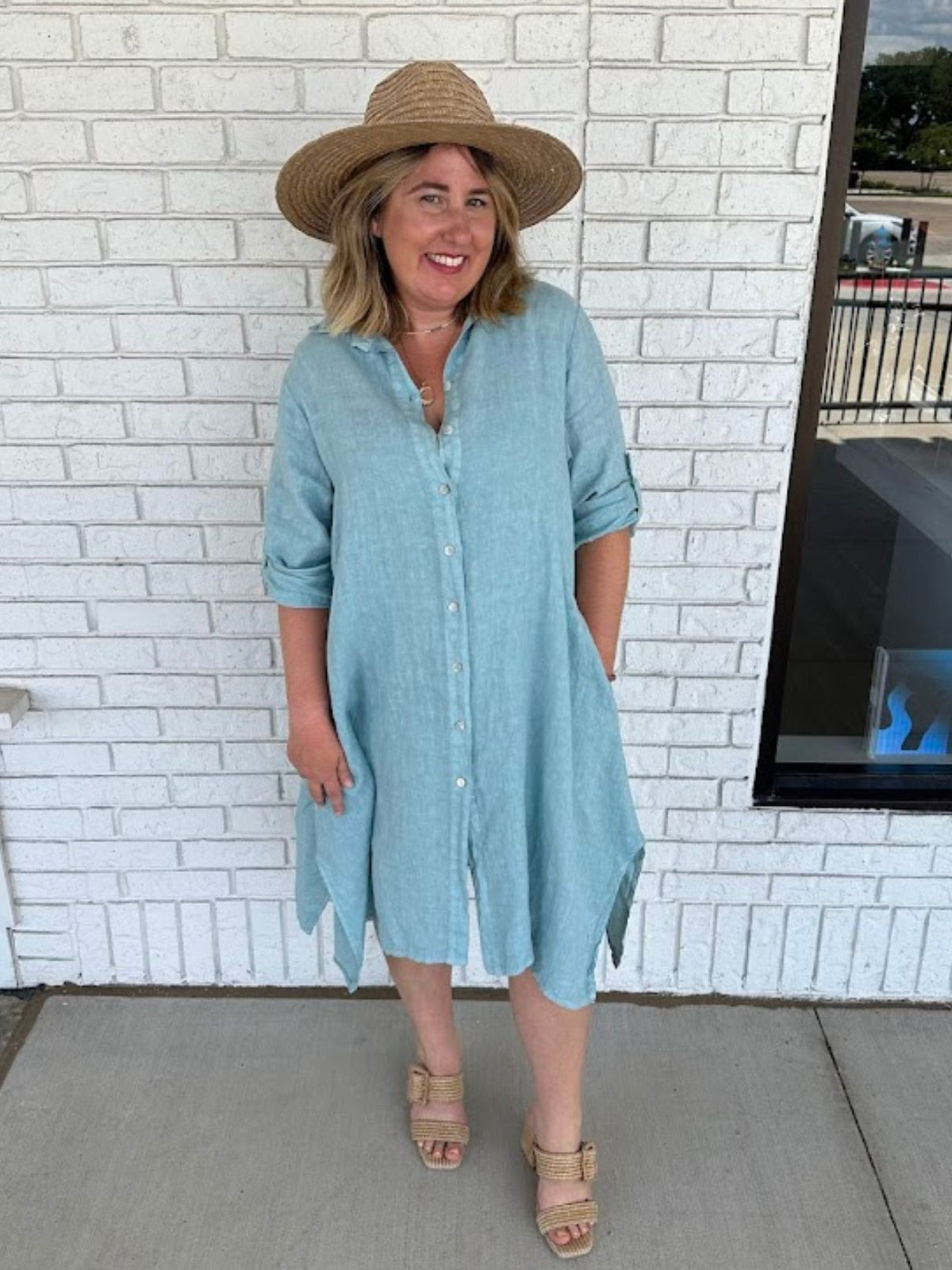 Cotton Island Linen Buttondown Dress in Blue Zuccero