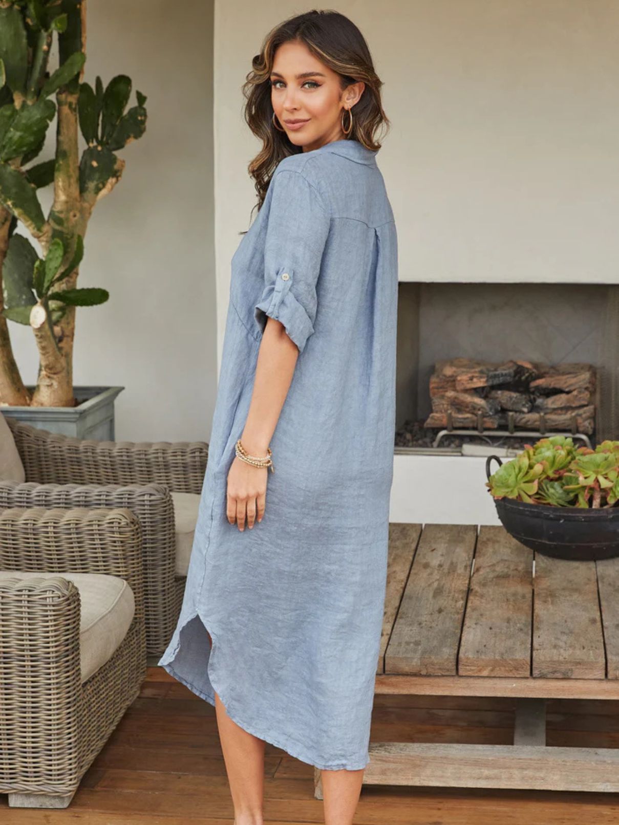 Cotton Island Linen Midi Button Down Denim Blue Dress
